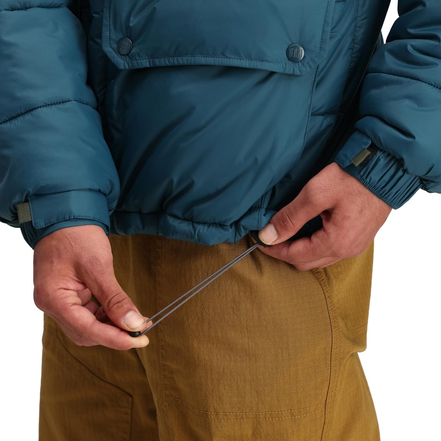 General Detail shot of Topo Designs Retro Ridge Puffer Jacket - Men's in "Pond Blue / Beetle"