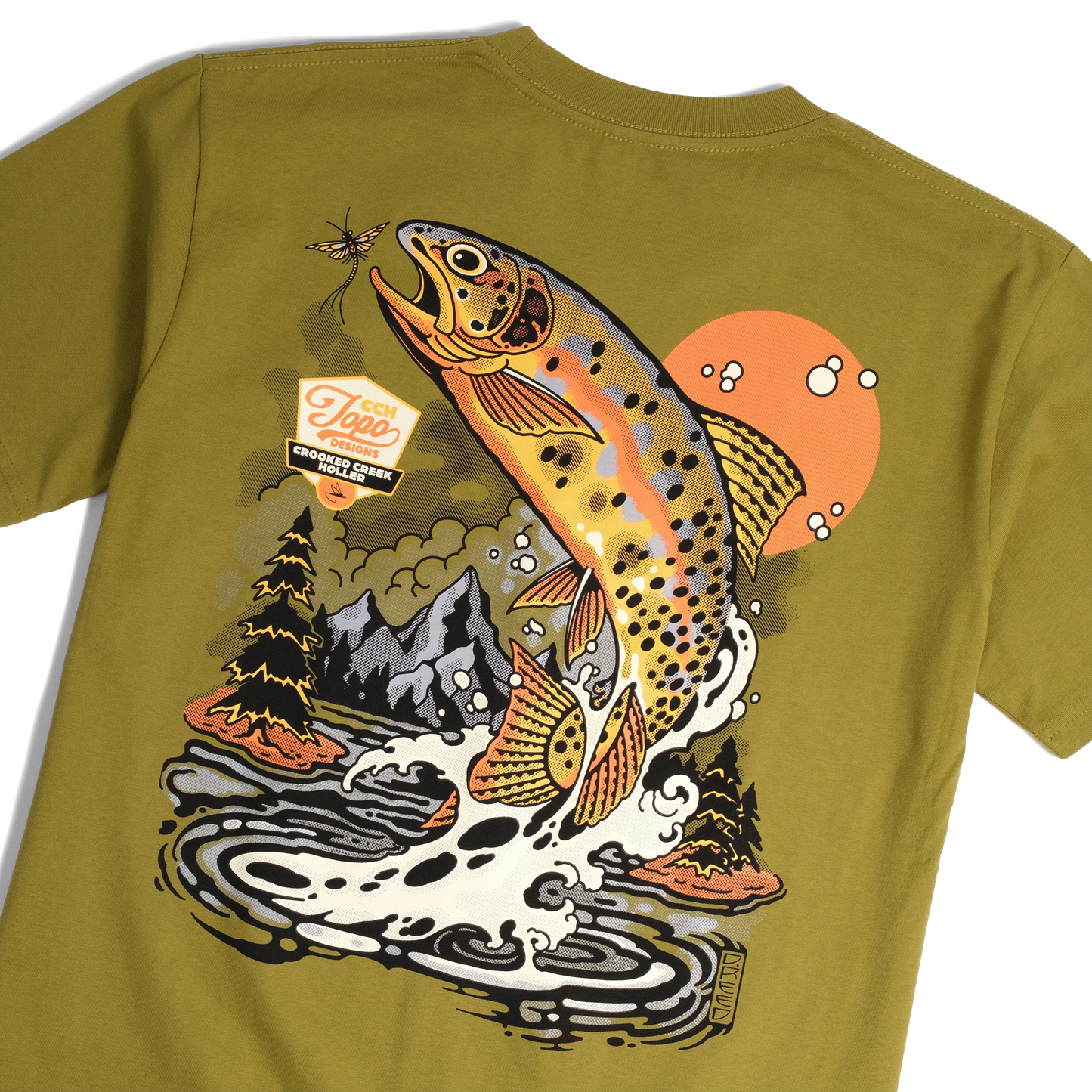 Back detail shot of Topo Designs x CCH x Pine Printshop Golden Trout Tee in "Moss"