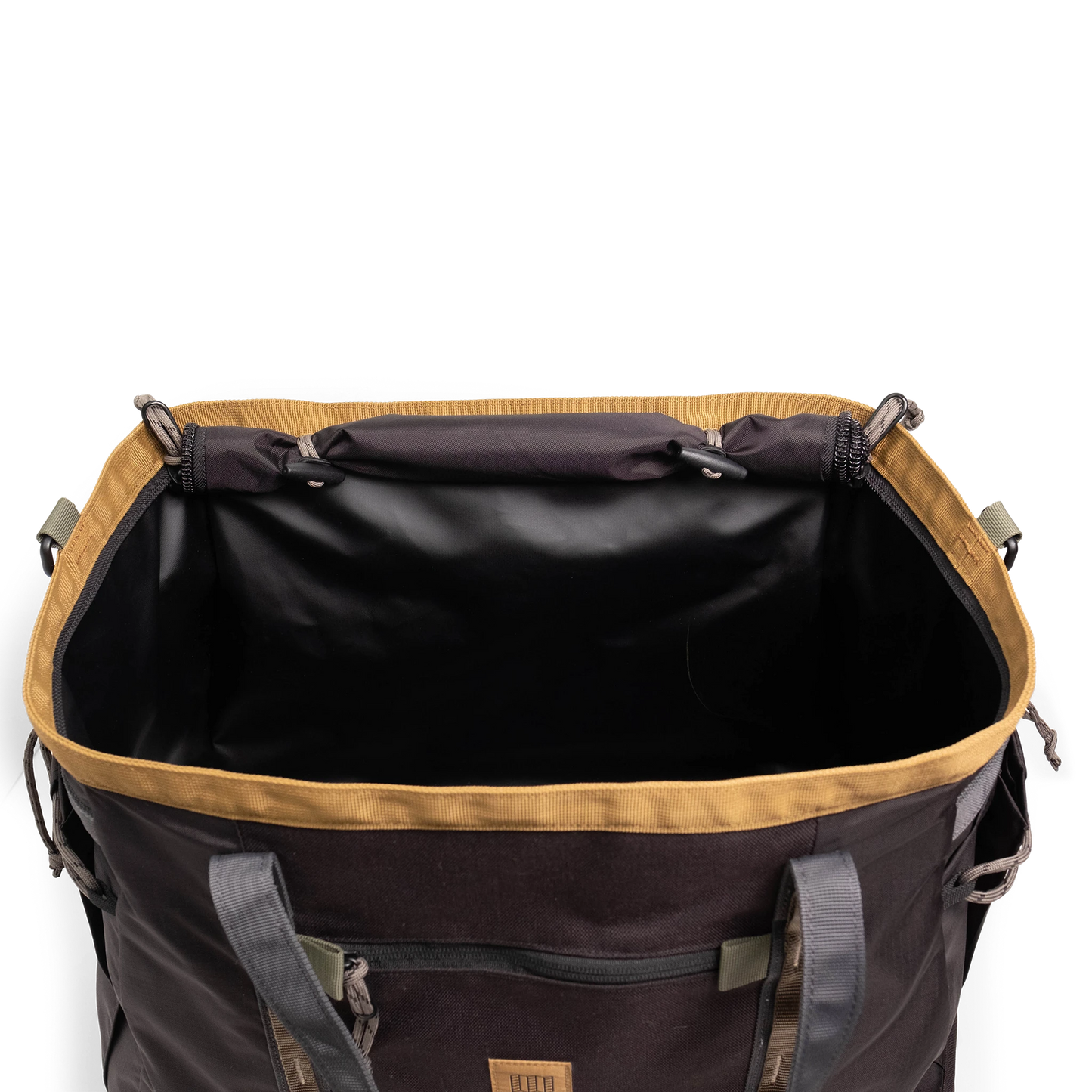 General Detail shot of Topo Designs Mountain Gear Bag opening in "Black / Neutral".