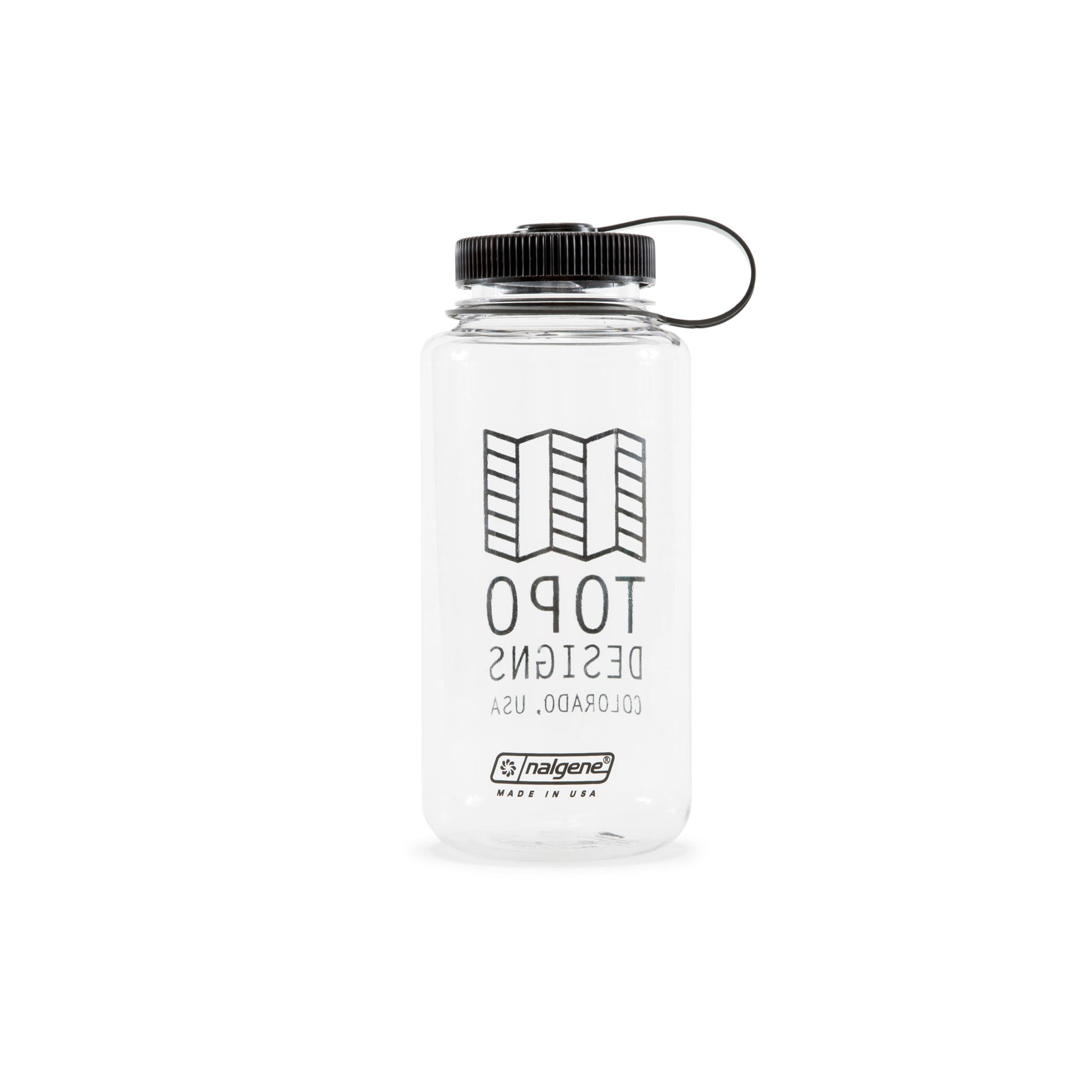 Topo Designs Nalgene 32 oz Wide Mouth Water Bottle with Black Map Logo in "Clear / Black".