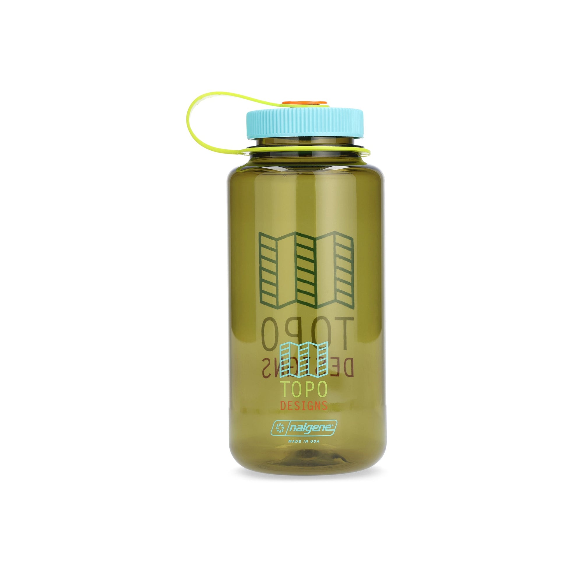 Back of Topo Designs Nalgene 32 oz Wide Mouth Water Bottle in "Olive / Teal" with logo