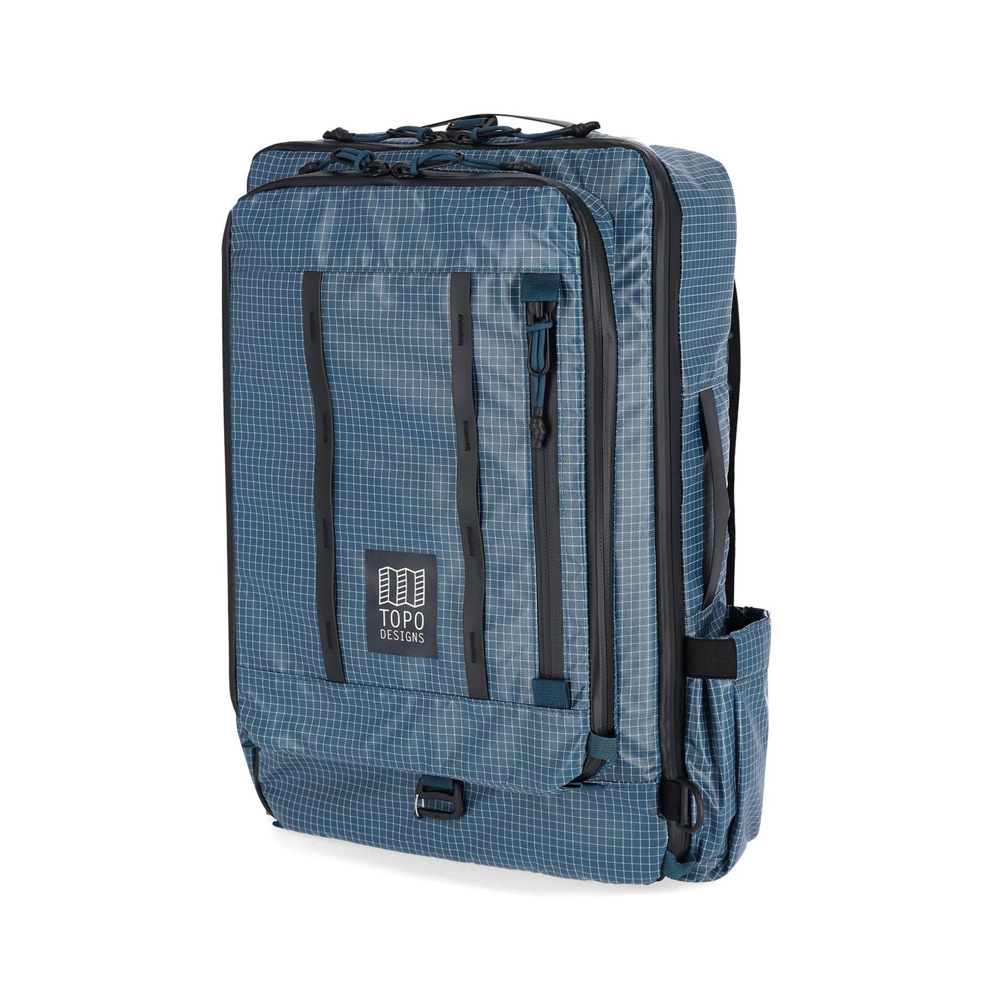 Front View of Topo Designs Apex Travel Bag 30L in "Pond Blue Grid"