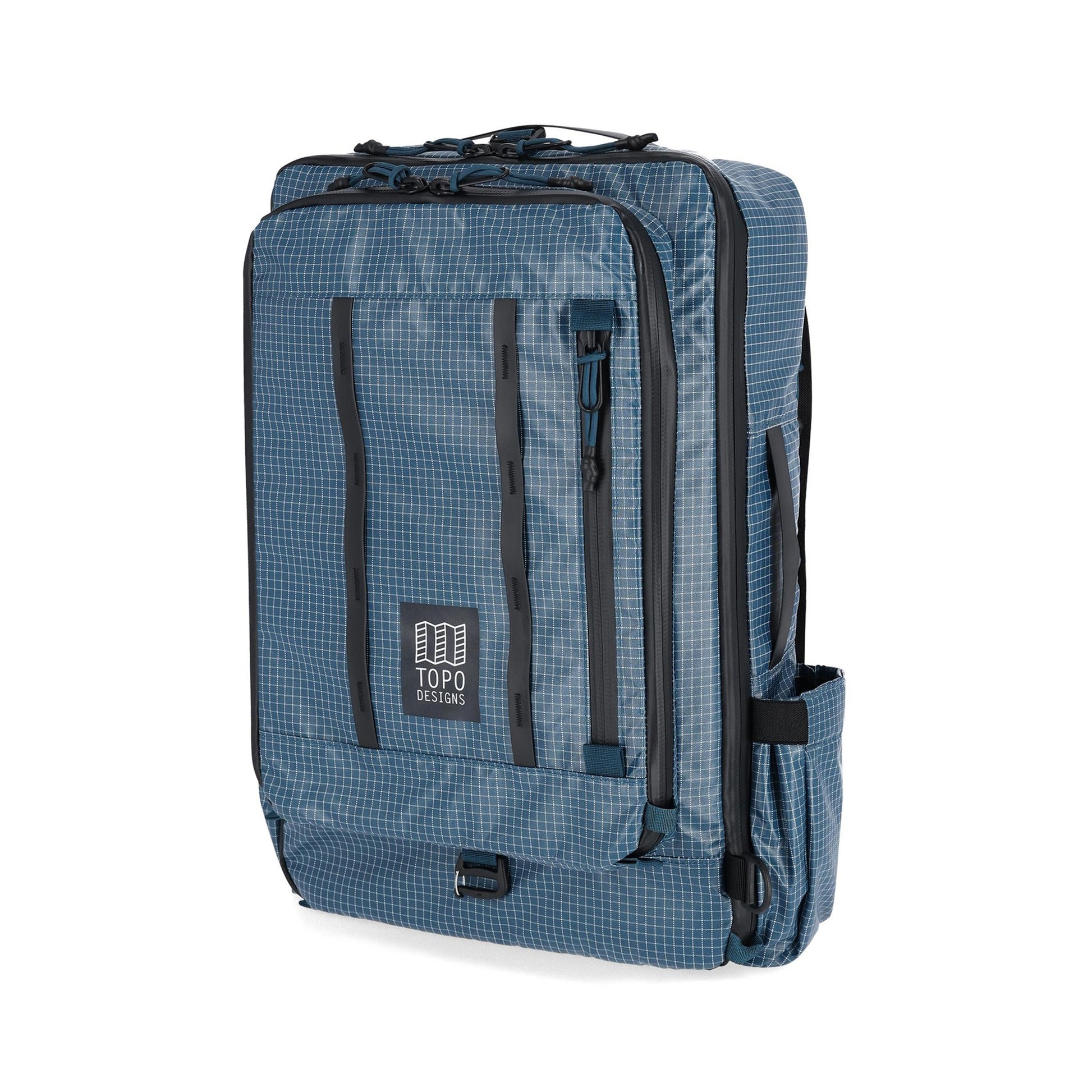 Front View of Topo Designs Apex Travel Bag 30L in "Pond Blue Grid"