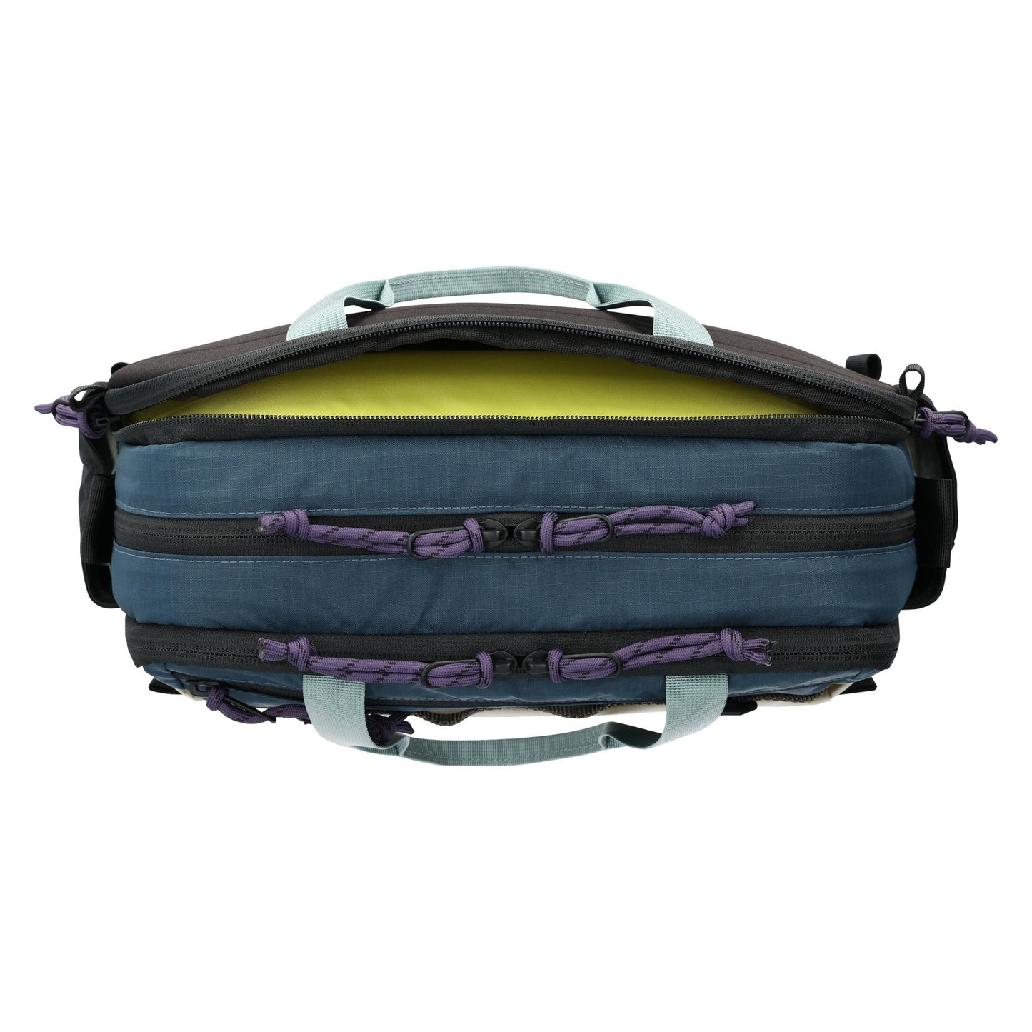 Detail shot of Topo Designs Mountain Cross Bag in "Pond Blue / Spice"