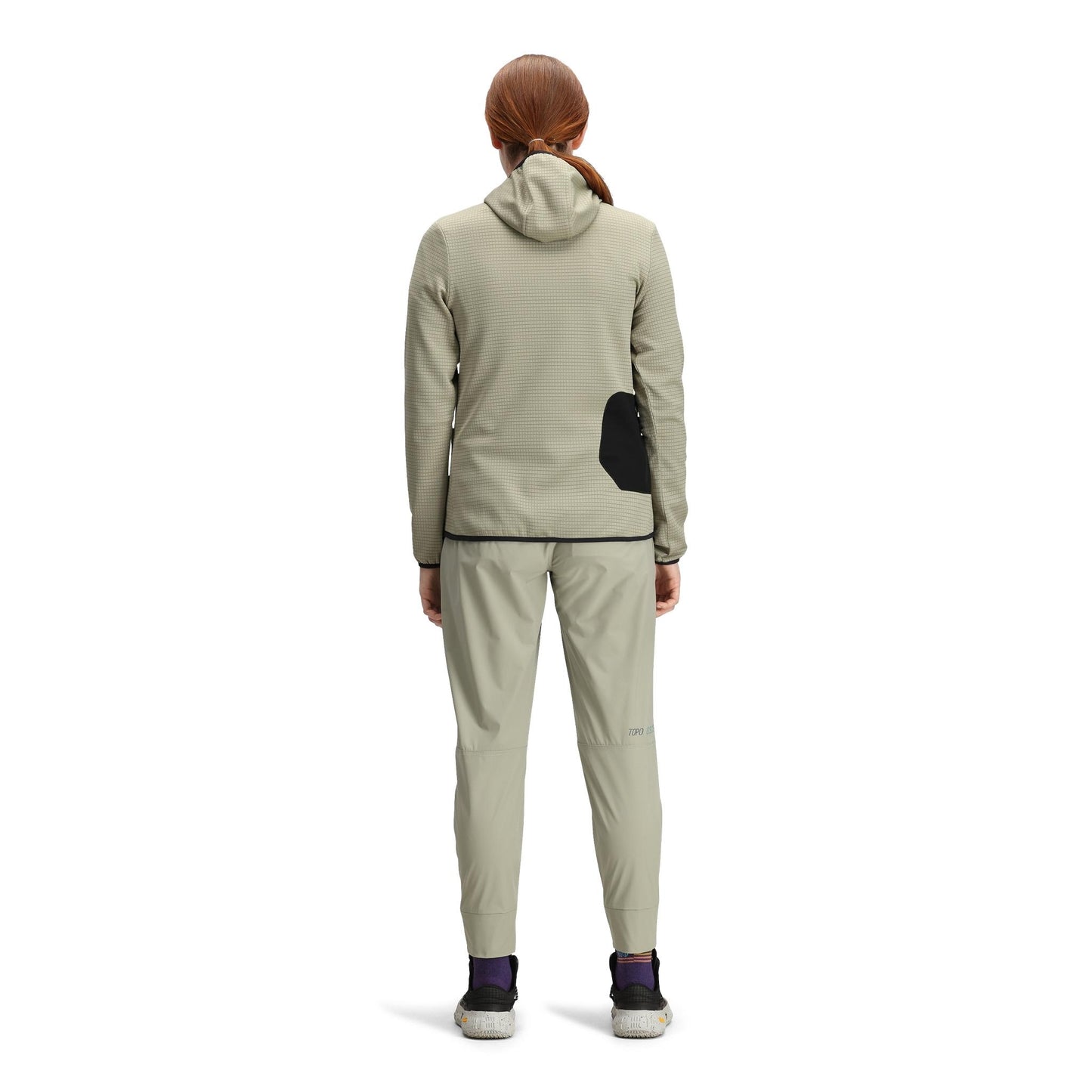 General back model shot of Topo Designs Global Midlayer Hoodie - Women's in "Dried Sage"