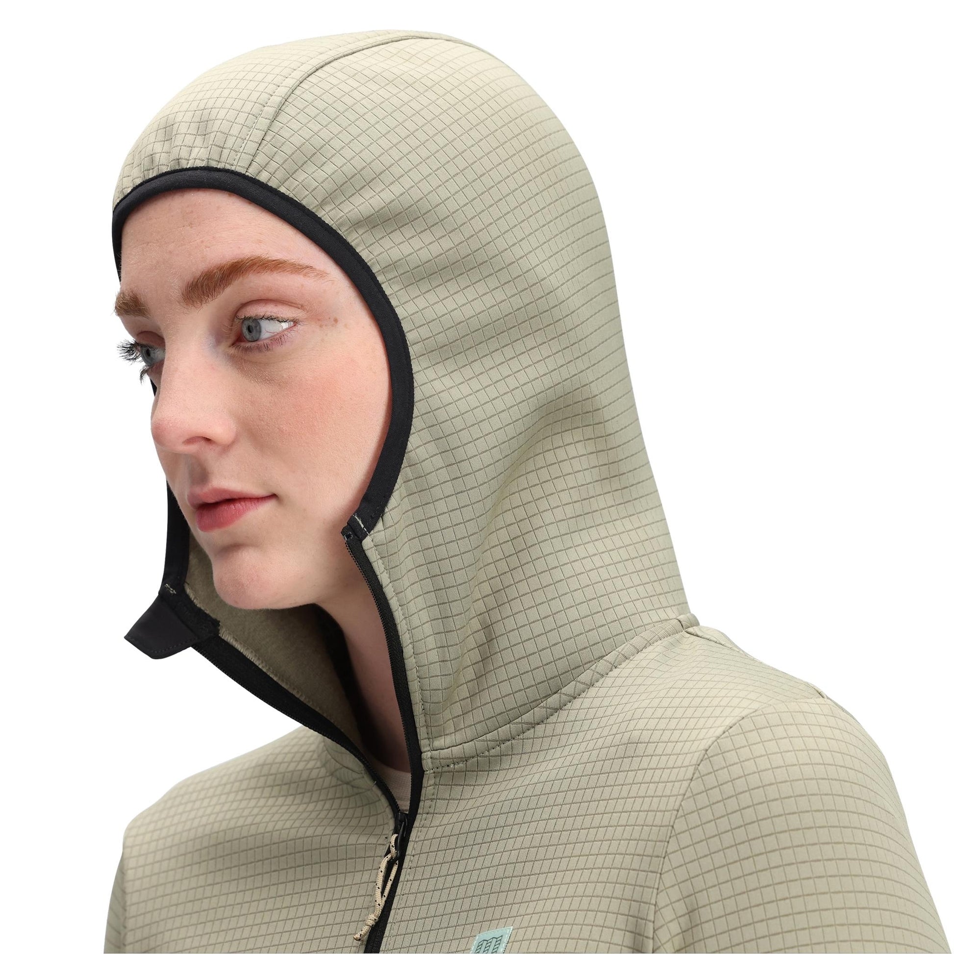 General Detail shot of Topo Designs Global Midlayer Hoodie - Women's in "Dried Sage"