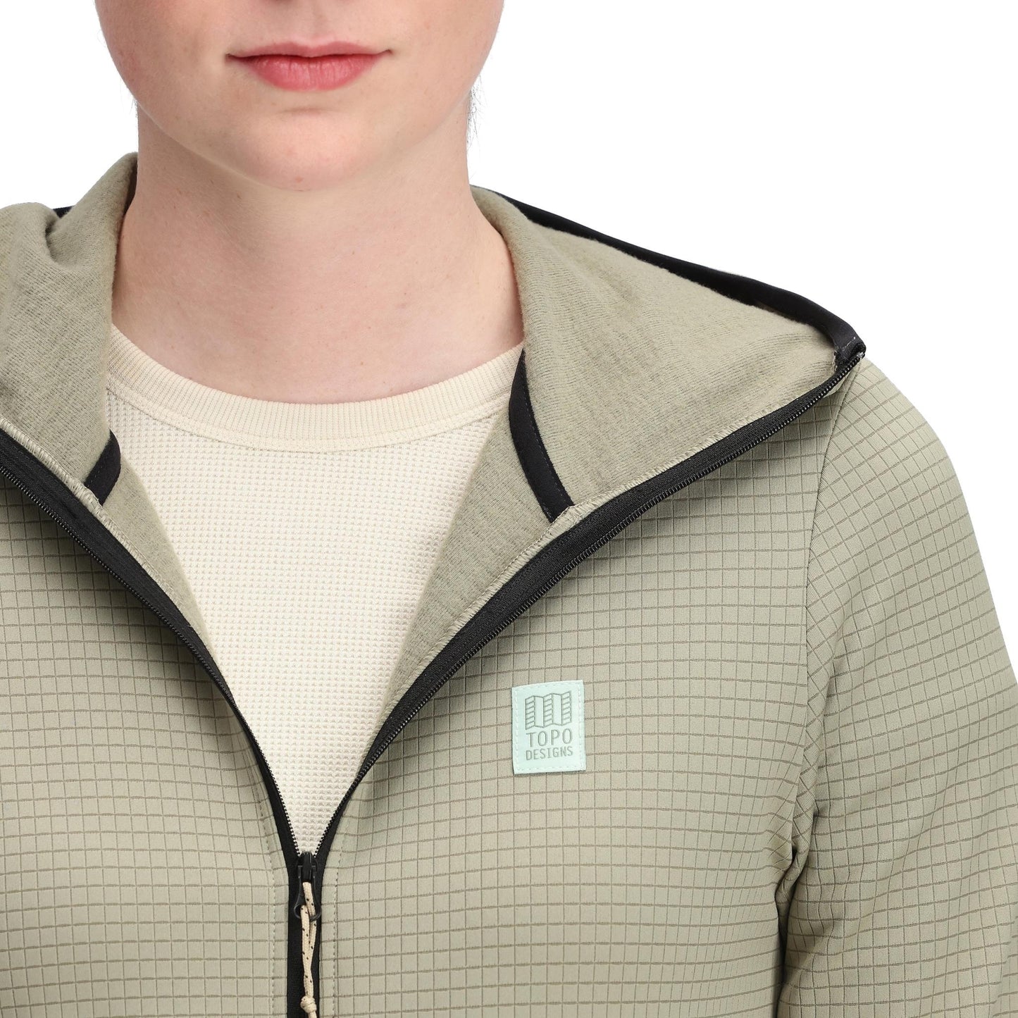 General Detail shot of Topo Designs Global Midlayer Hoodie - Women's in "Dried Sage"