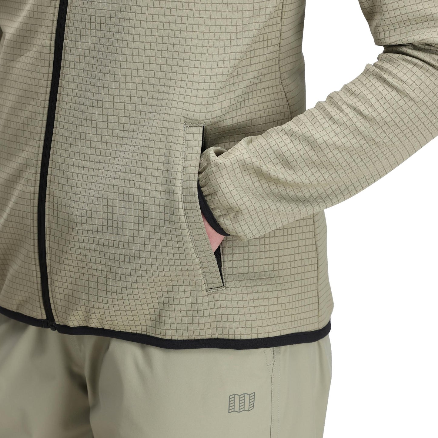 General Detail shot of Topo Designs Global Midlayer Hoodie - Women's in "Dried Sage"