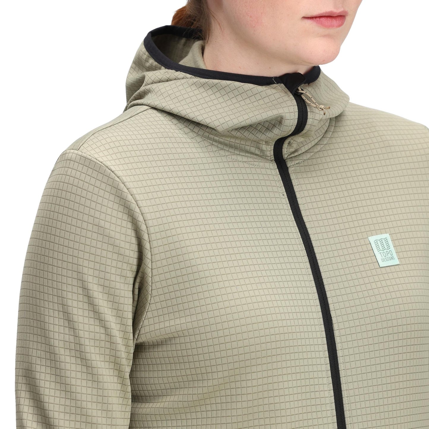 General Detail shot of Topo Designs Global Midlayer Hoodie - Women's in "Dried Sage"