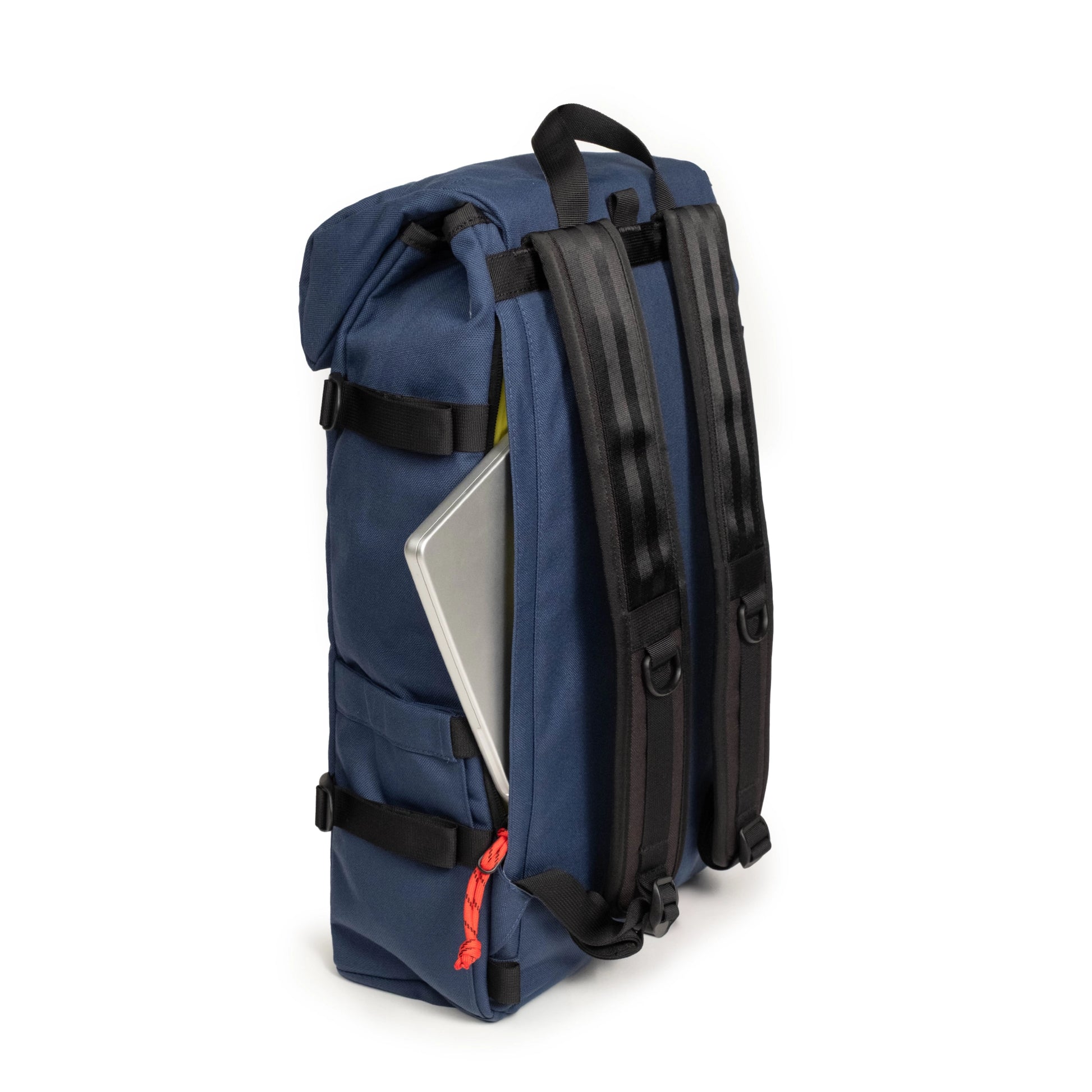 General quarter view of laptop sleeve on the Topo Designs Klettersack Classic vintage-inspired rucksack backpack in "Midnight".