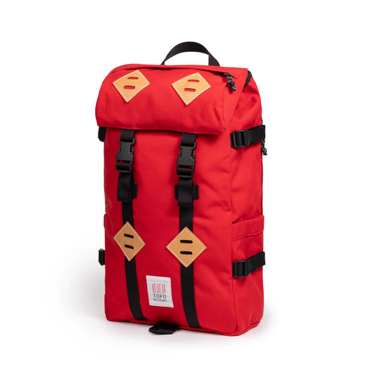 Quarter view of Topo Designs Klettersack Classic vintage-inspired rucksack backpack in "Salsa".