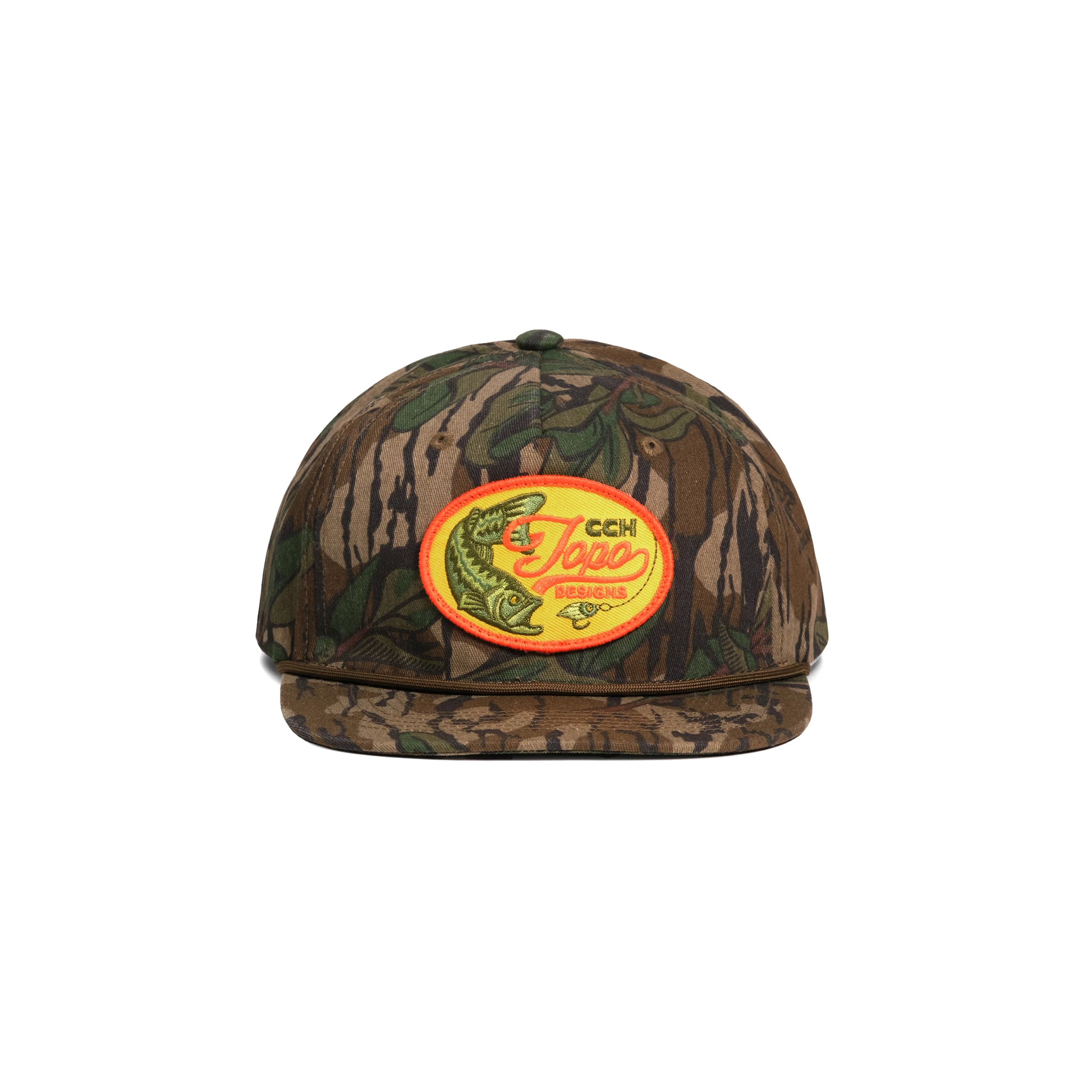 Front shot of Topo Designs x CCH x Pine Printshop Rope Cap in "Mossy Oak Greenleaf"