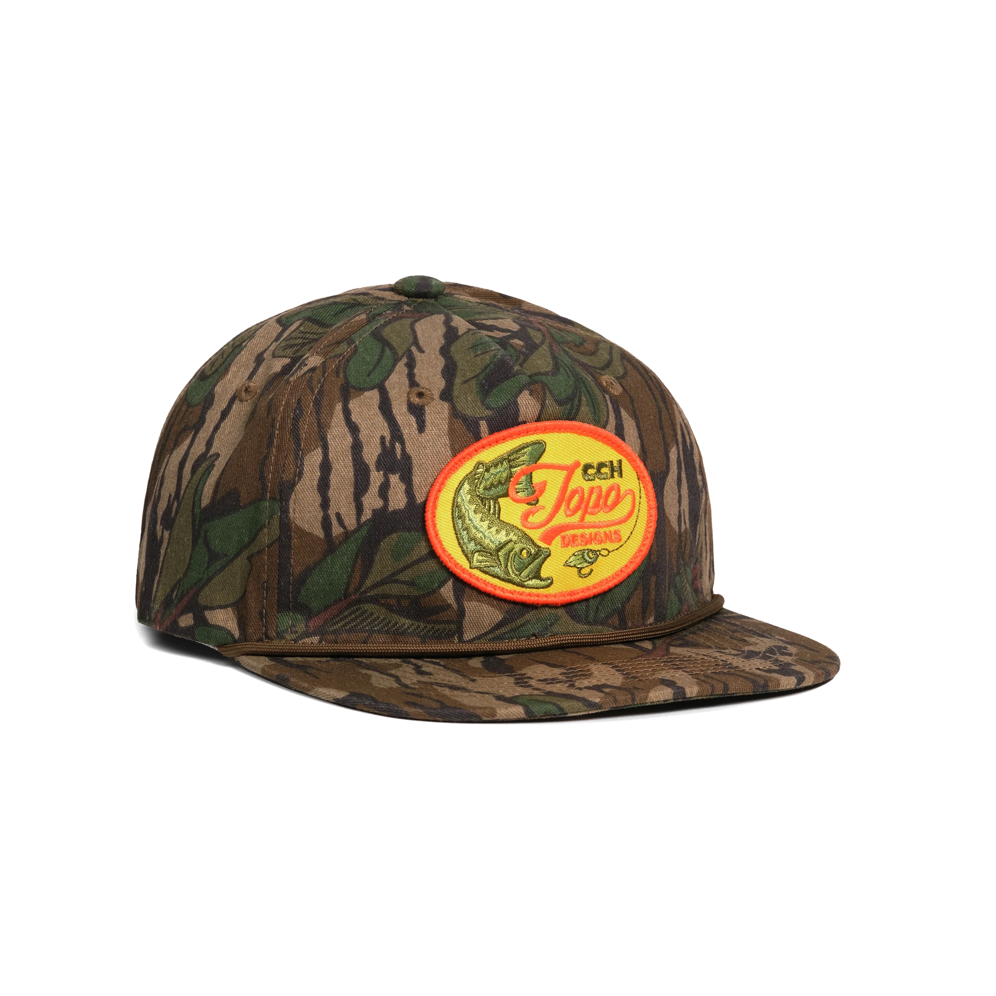 Front quarter shot of Topo Designs x CCH x Pine Printshop Rope Cap in "Mossy Oak Greenleaf"