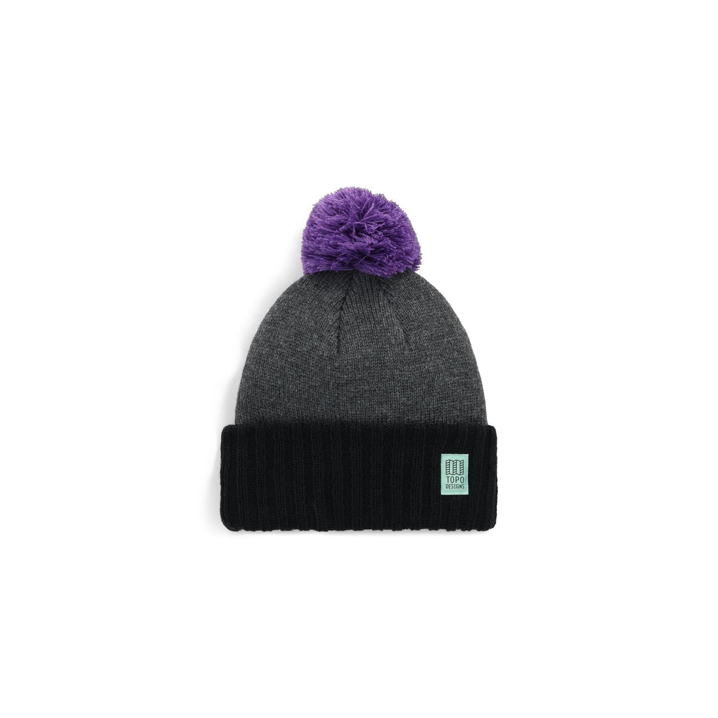 Front View of Topo Designs Pompom Beanie in "Asphalt / Black"