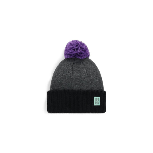 Front View of Topo Designs Pompom Beanie in "Asphalt / Black"