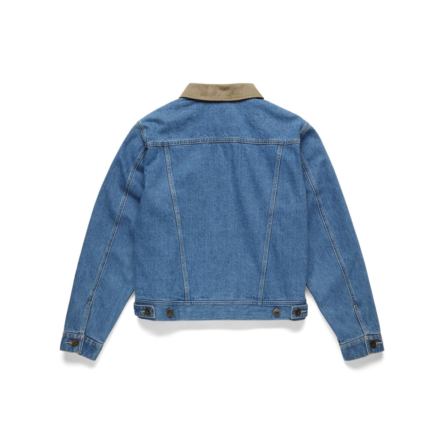 Back View of Topo Designs Sightseer Jean Jacket - Women's in "Mid Denim"
