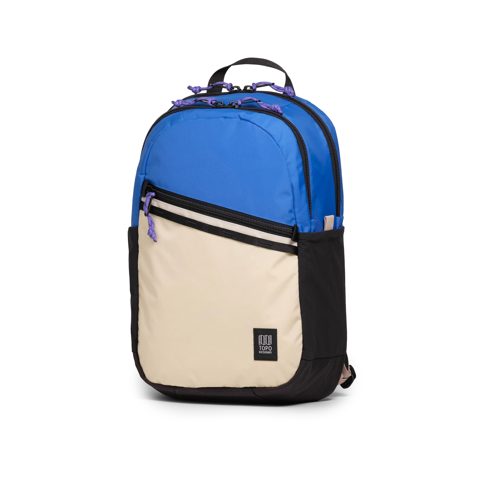 Front Quarter View of Topo Designs Commuter Backpack in "Classic Blue / Bone White"