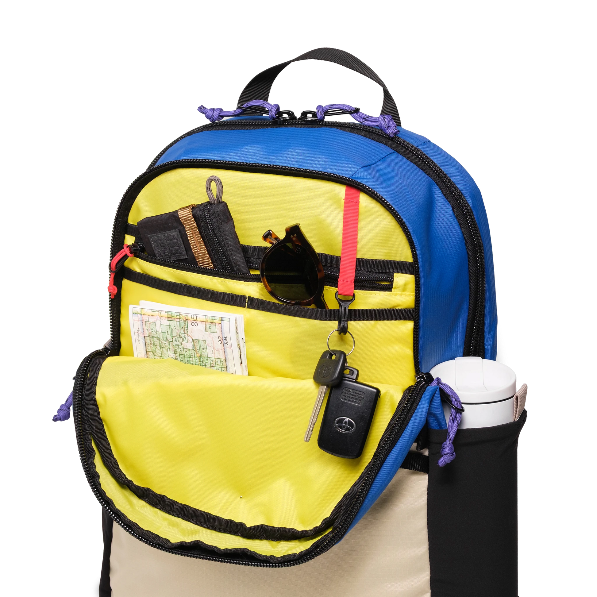 General interior detail view of Topo Designs Commuter Backpack in "Classic Blue / Bone White"