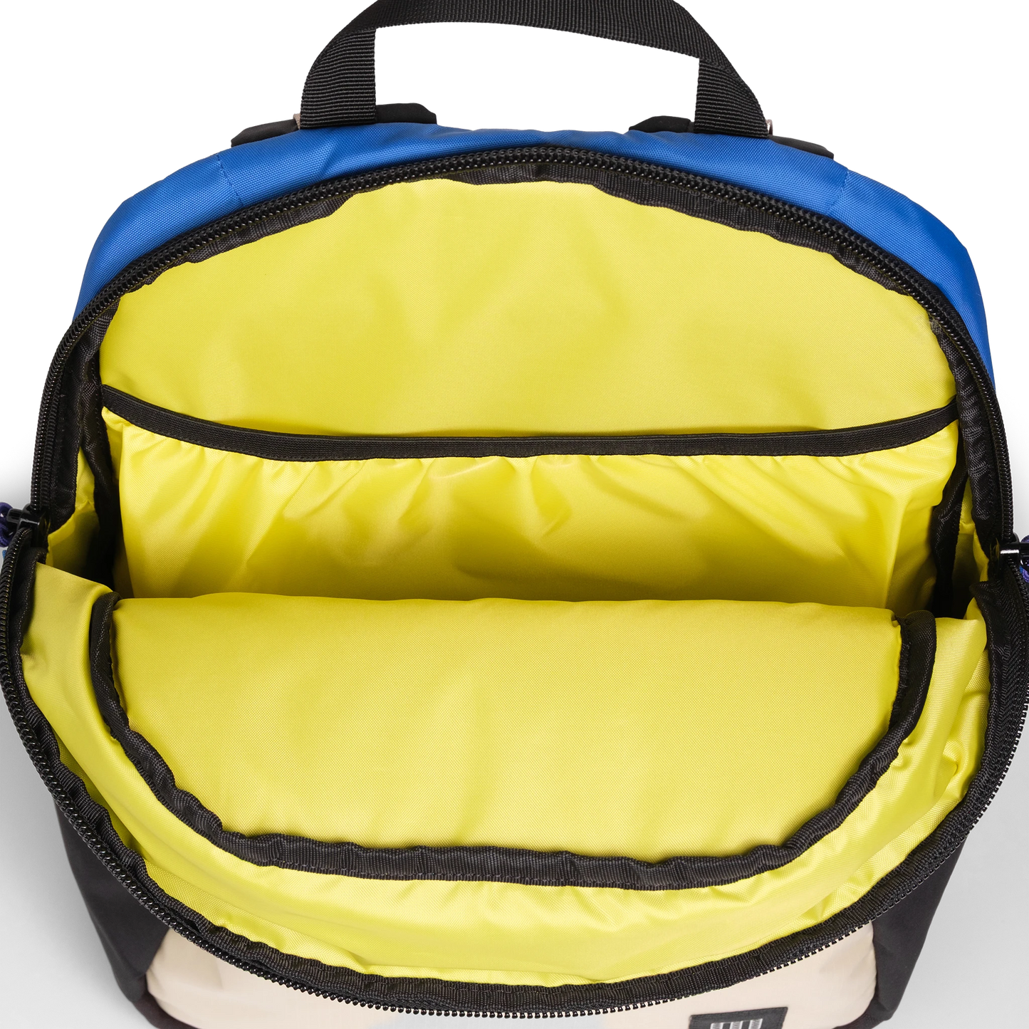 General empty interior view of Topo Designs Commuter Backpack in "Classic Blue / Bone White"