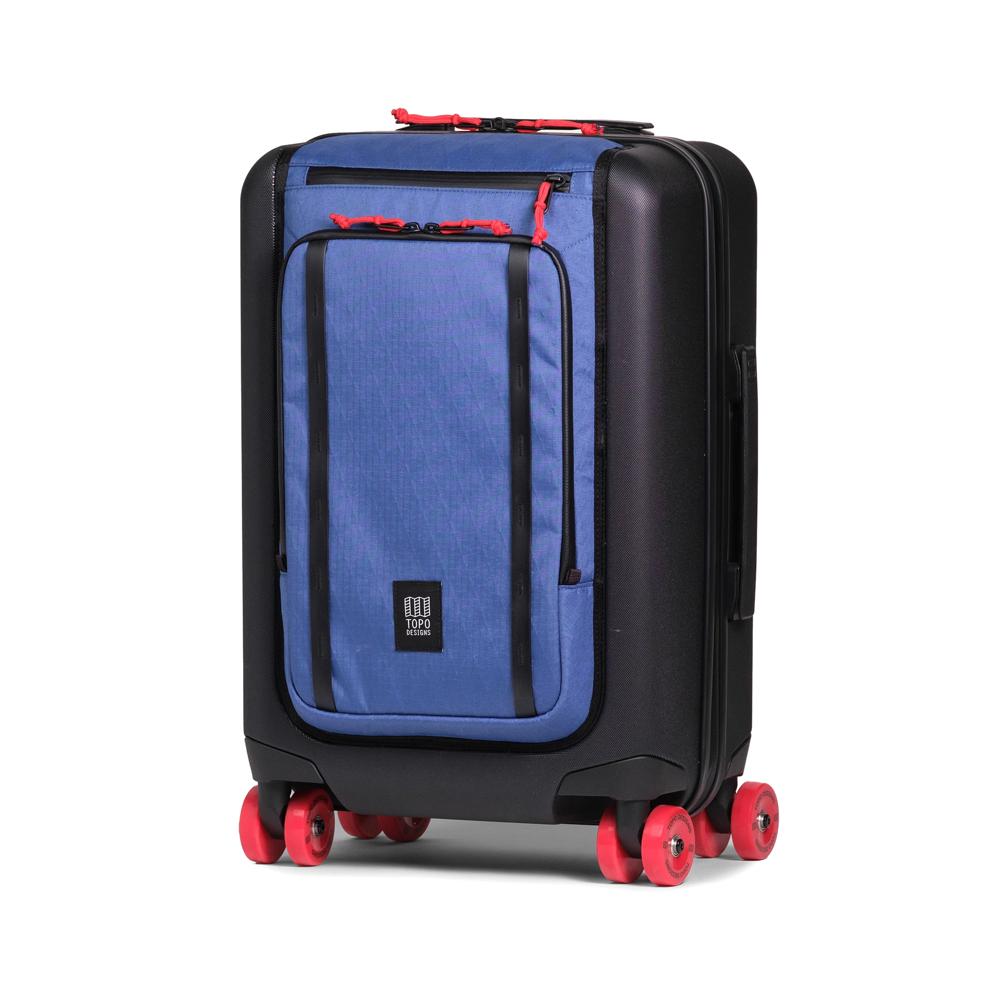 Front view of Topo Designs Global Pro Travel Roller Bag in "Ocean Blue"