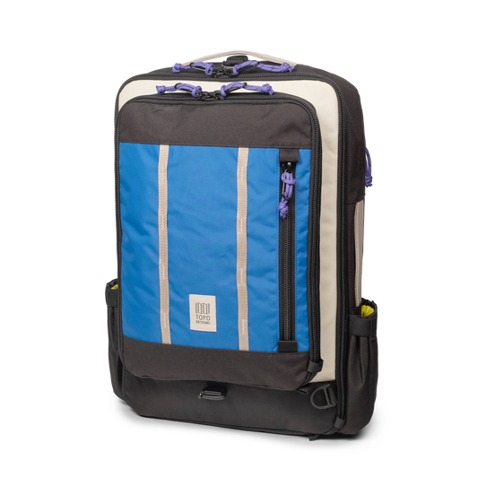 Topo Designs Global Travel Bag 30L Durable Carry On Convertible Laptop Travel Backpack in "Classic Blue / Bone White".