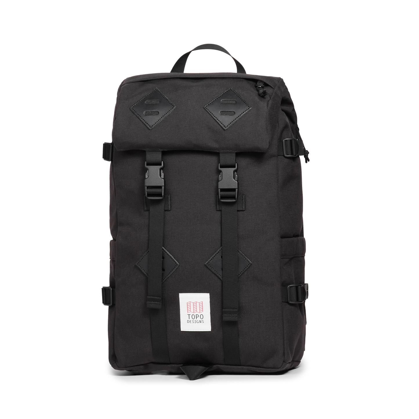Quarter view of Topo Designs Klettersack Classic vintage-inspired rucksack backpack in "Black".