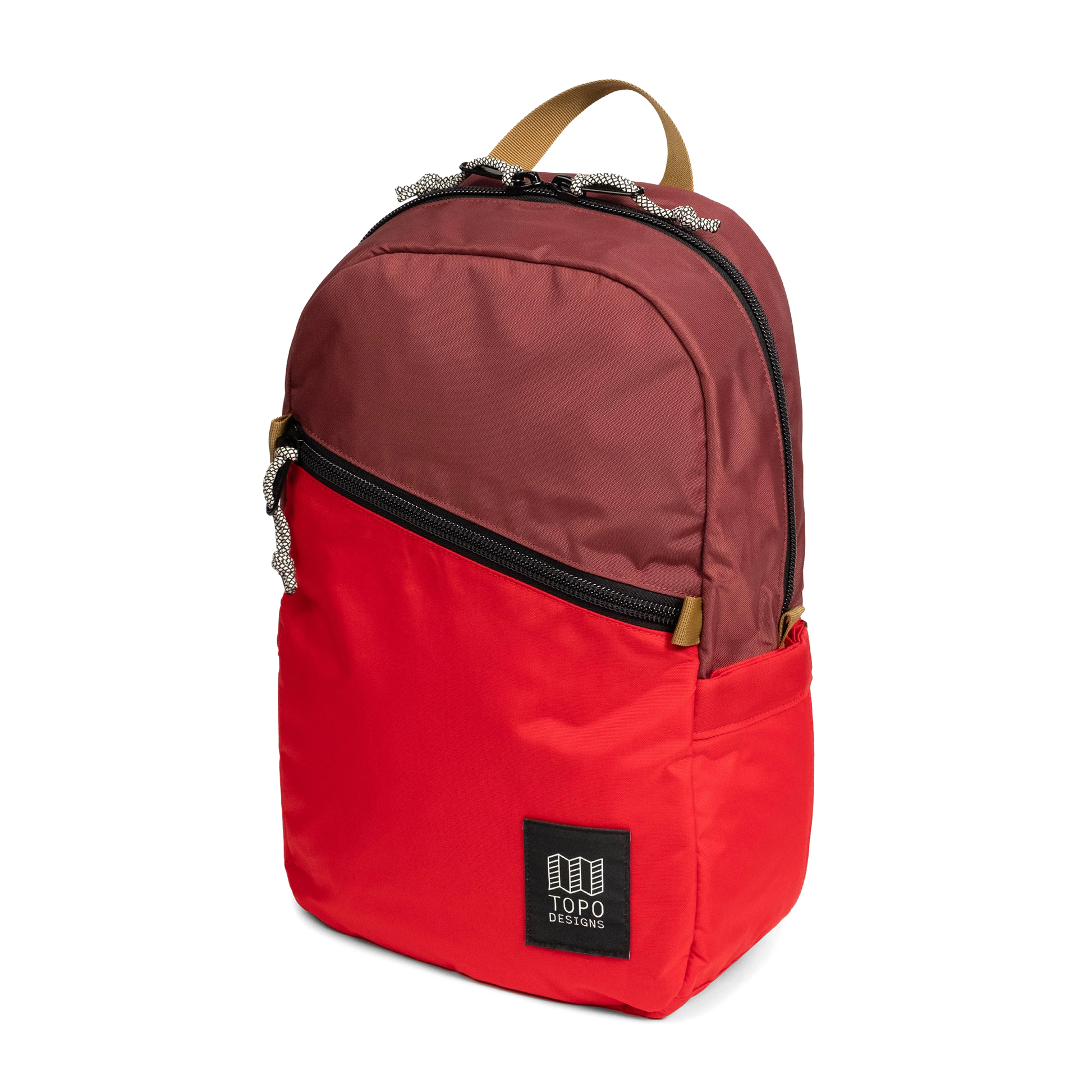 Front view of Topo Designs Light Pack in "Maroon / Salsa"