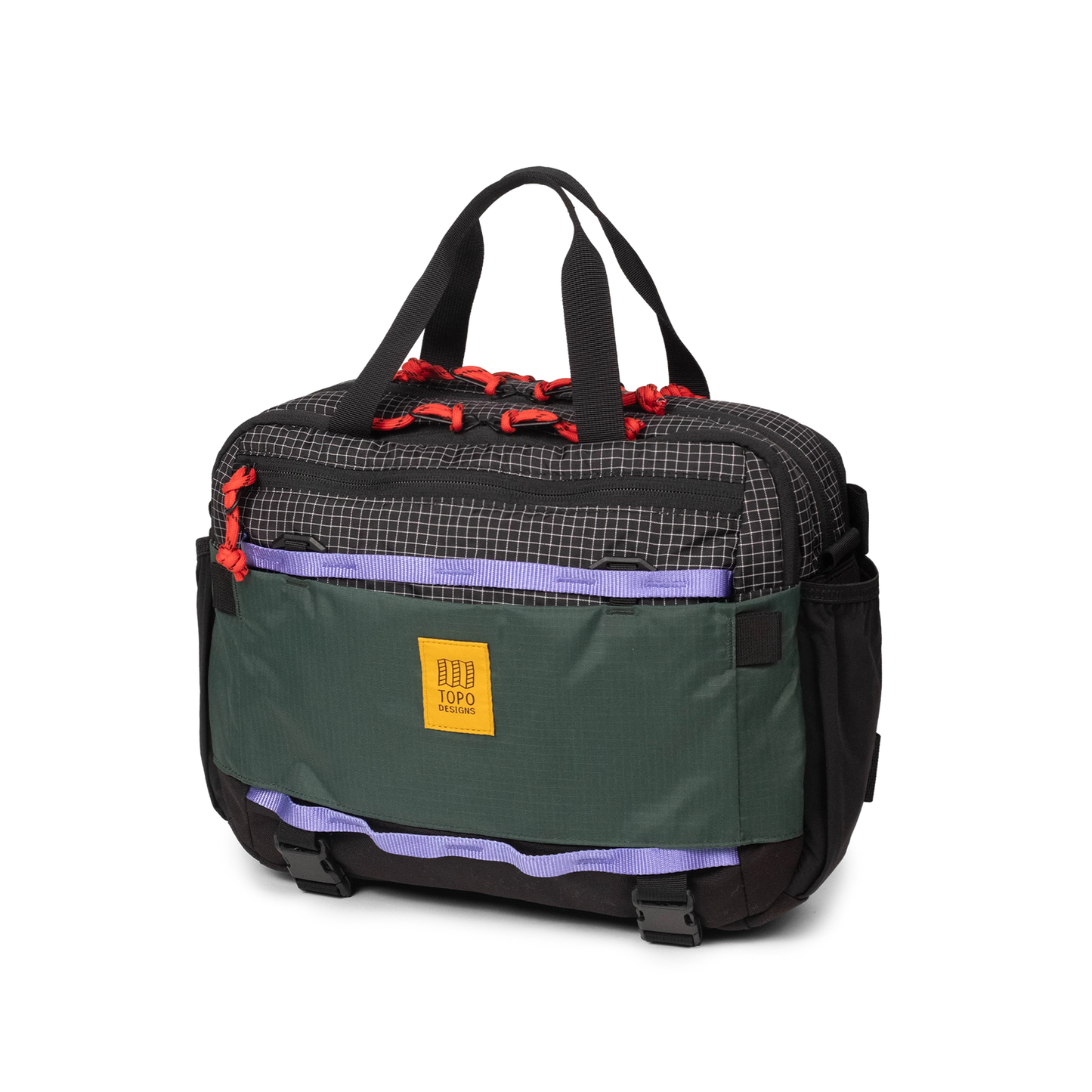 Quarter View of Topo Designs Mountain Cross Bag in "Grid / Very Peri"