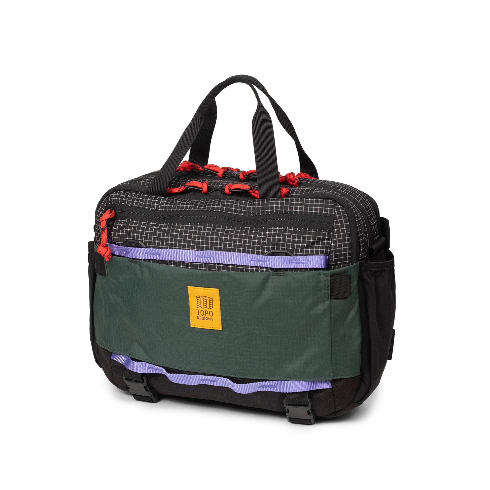 Quarter View of Topo Designs Mountain Cross Bag in "Grid / Very Peri"