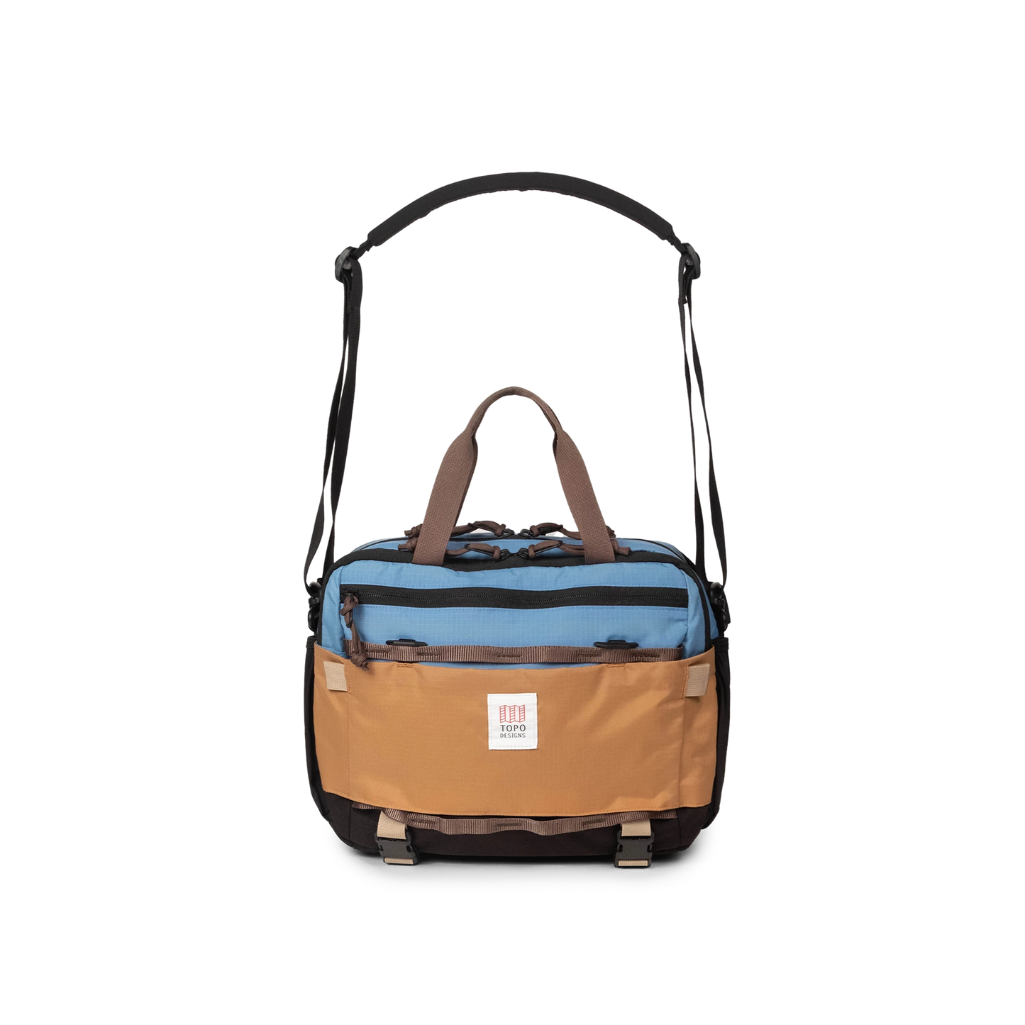 Front View of Topo Designs Mountain Cross Bag in "River Blue / Brown Oak"