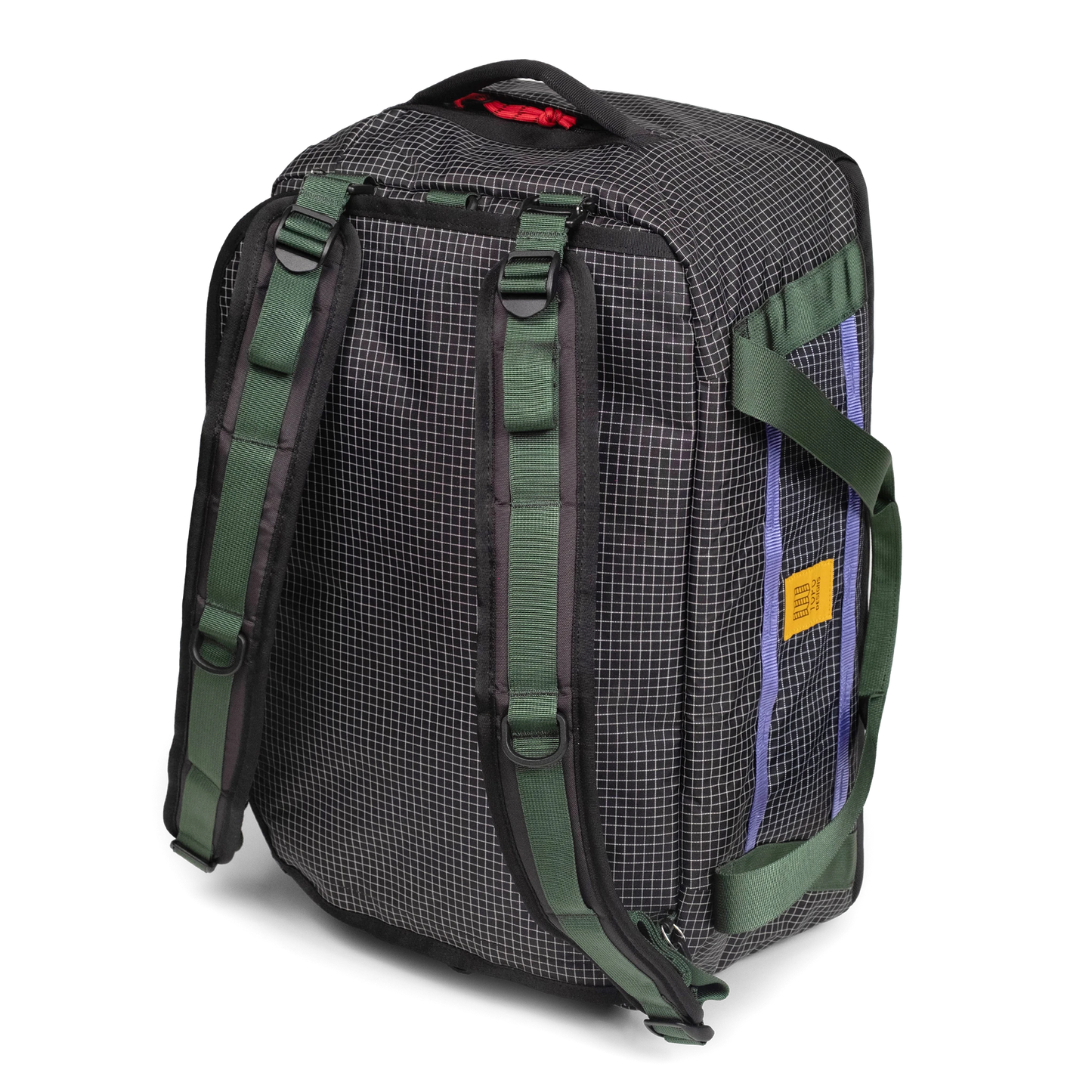 Backpack carry view of Topo Designs Mountain Duffel 40L in "Grid / Very Peri"