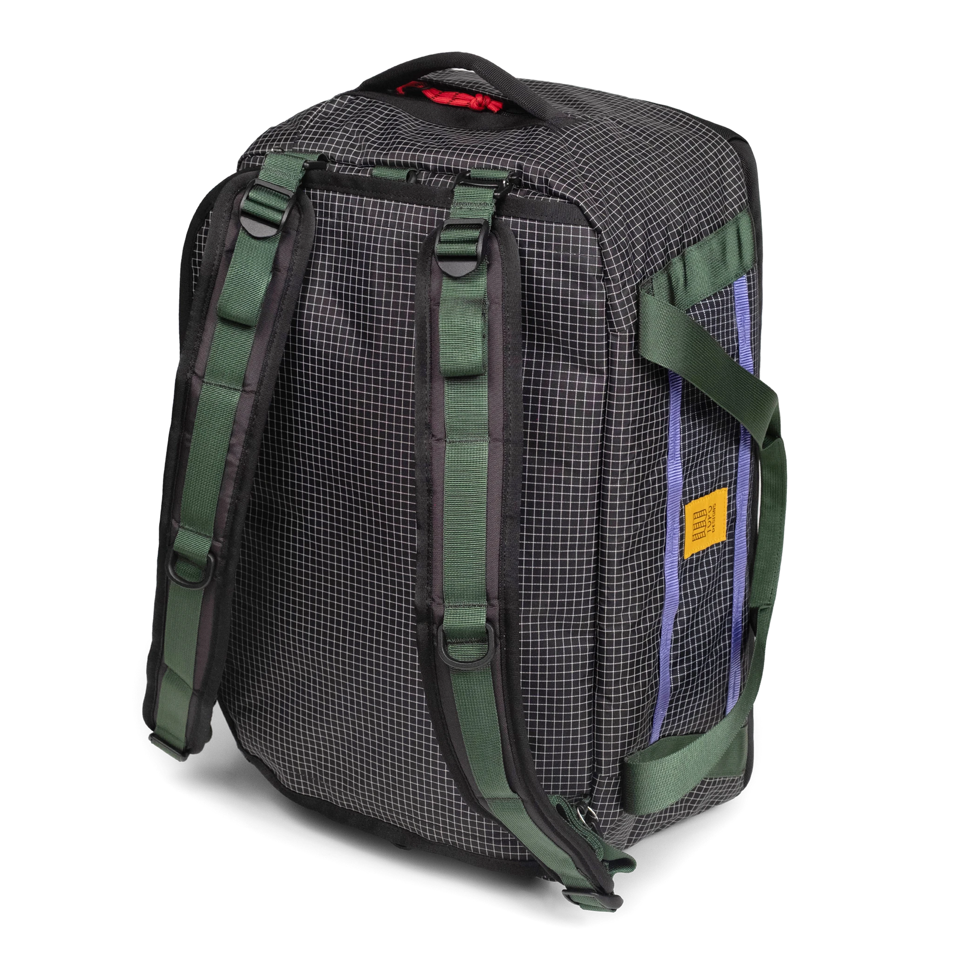 Backpack carry view of Topo Designs Mountain Duffel 40L in "Grid / Very Peri"