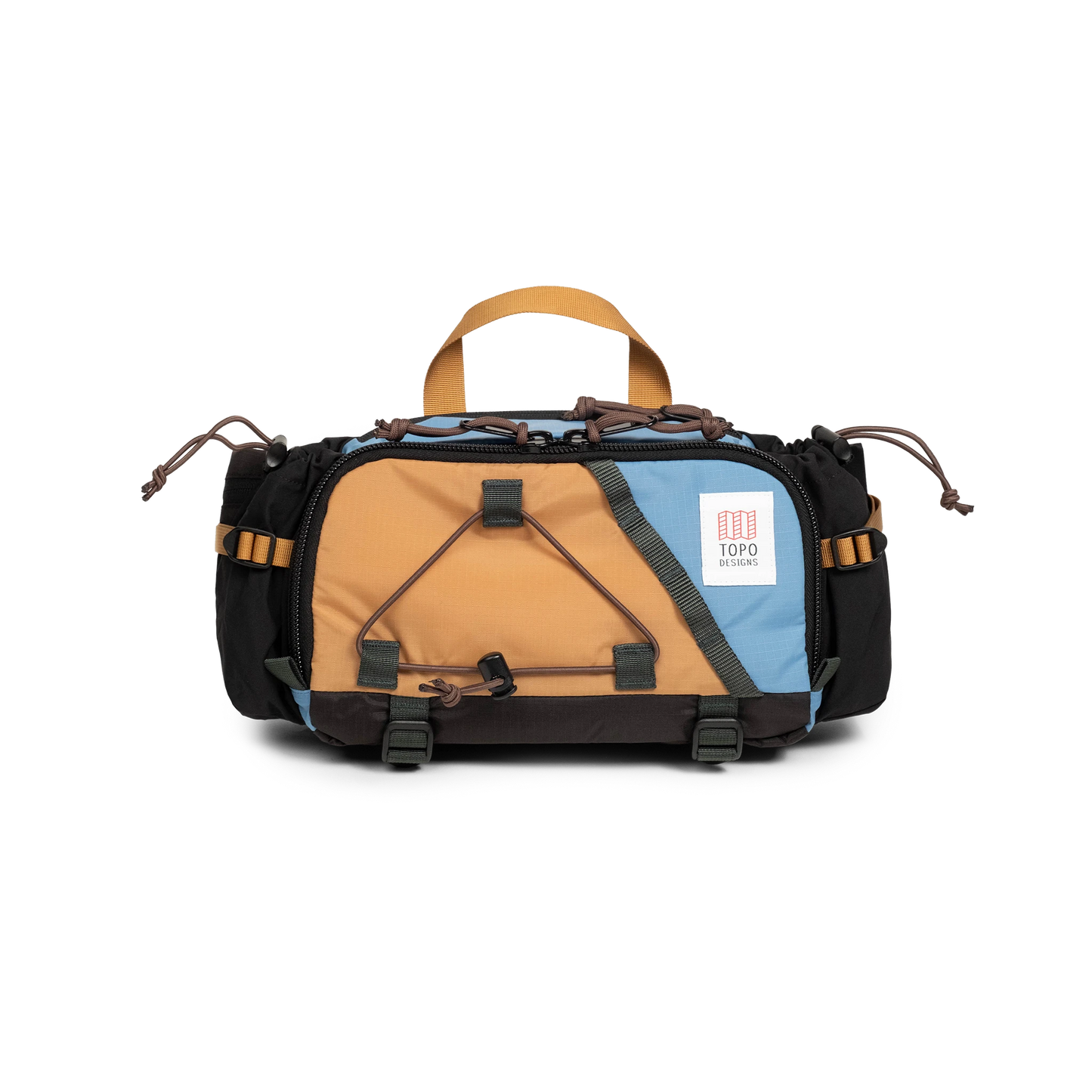 Front view of Topo Designs Mountain Hydro Hip Pack in "River Blue / Brown Oak"
