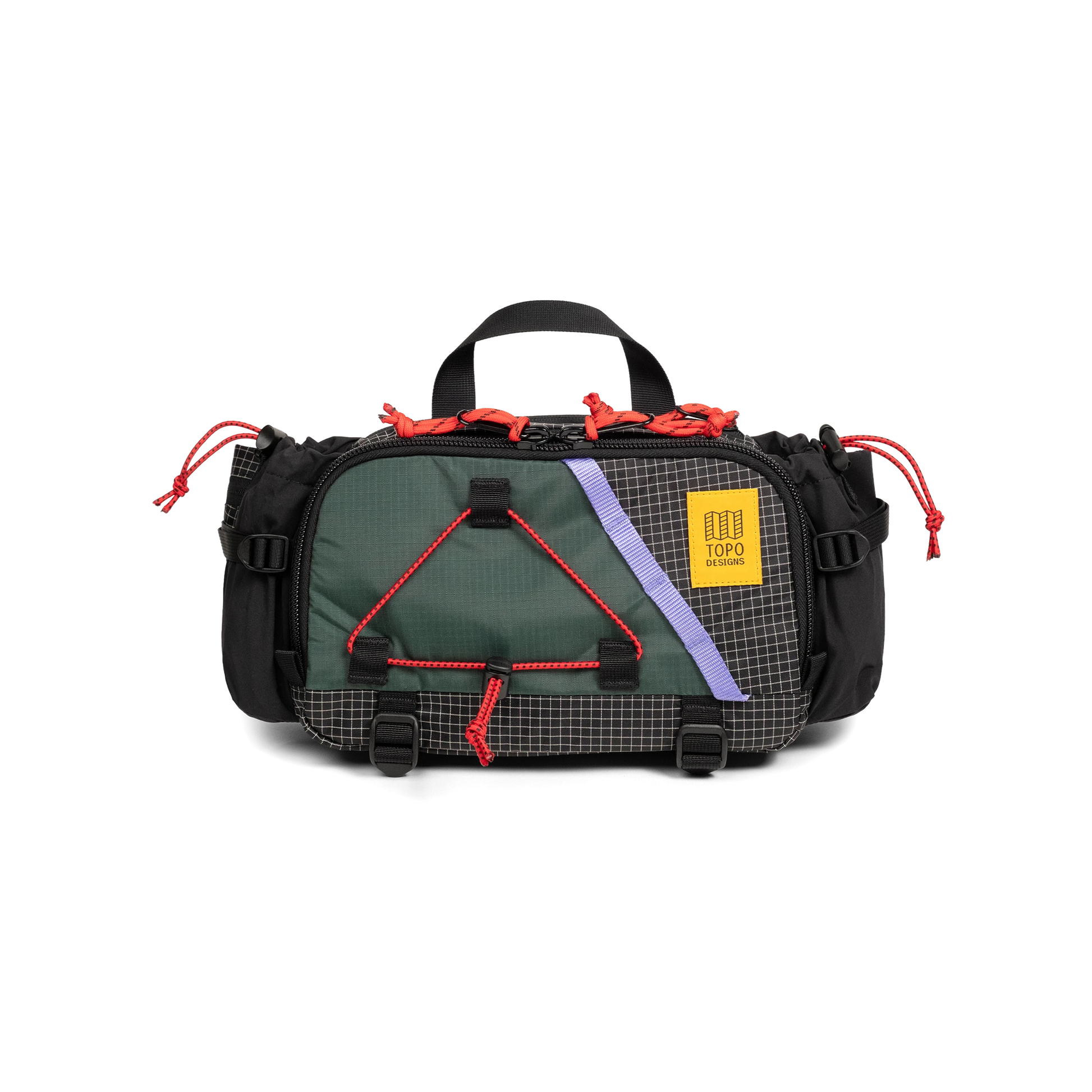 Front view of Topo Designs Mountain Hydro Hip Pack in "Very Peri / Forest"