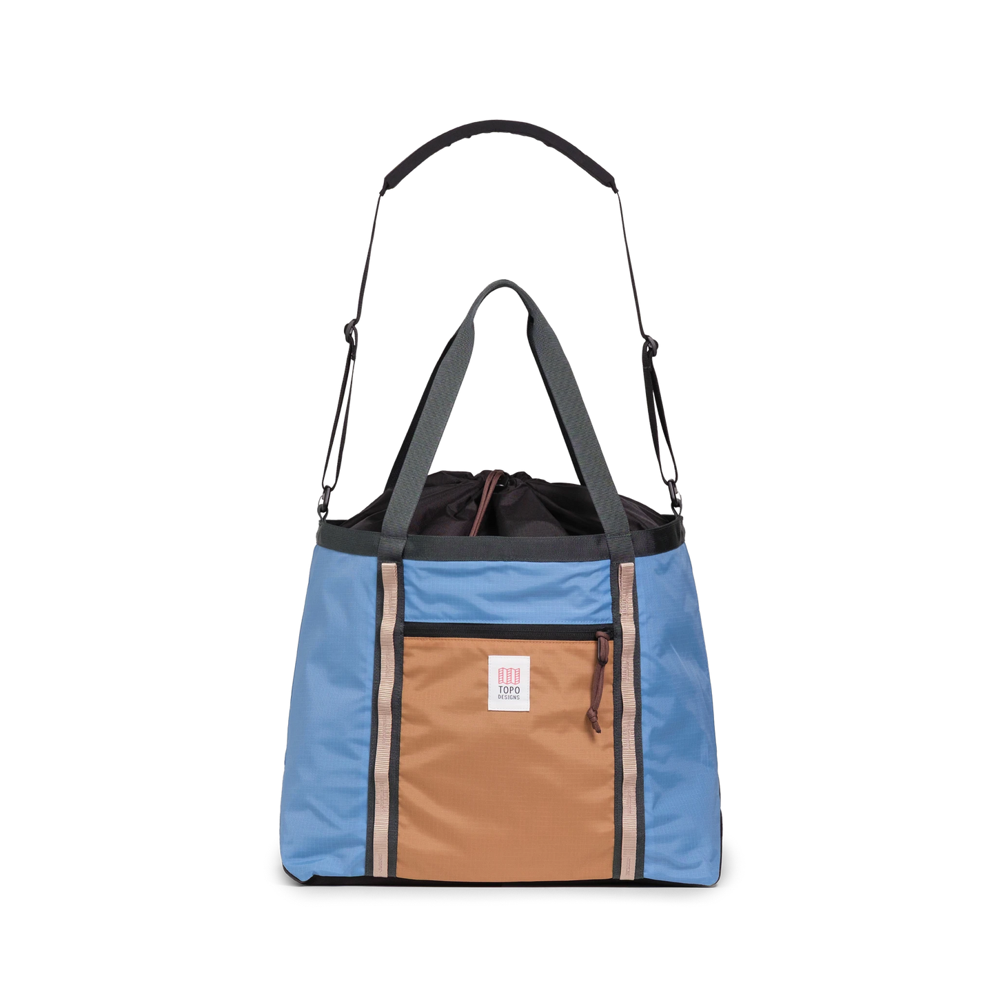 Front View of Topo Designs Mountain Utility Tote in "River Blue / Brown Oak"