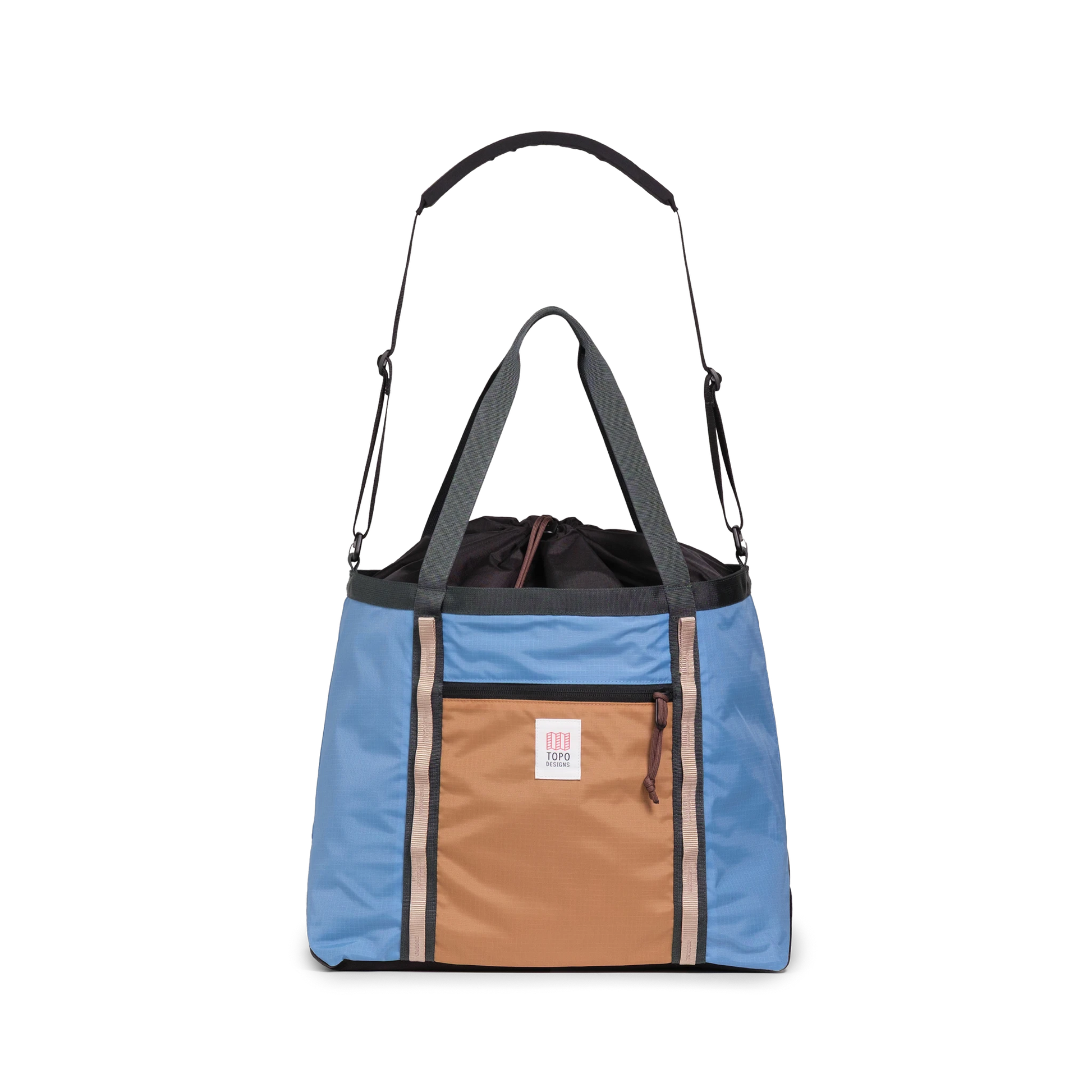Front View of Topo Designs Mountain Utility Tote in "River Blue / Brown Oak"