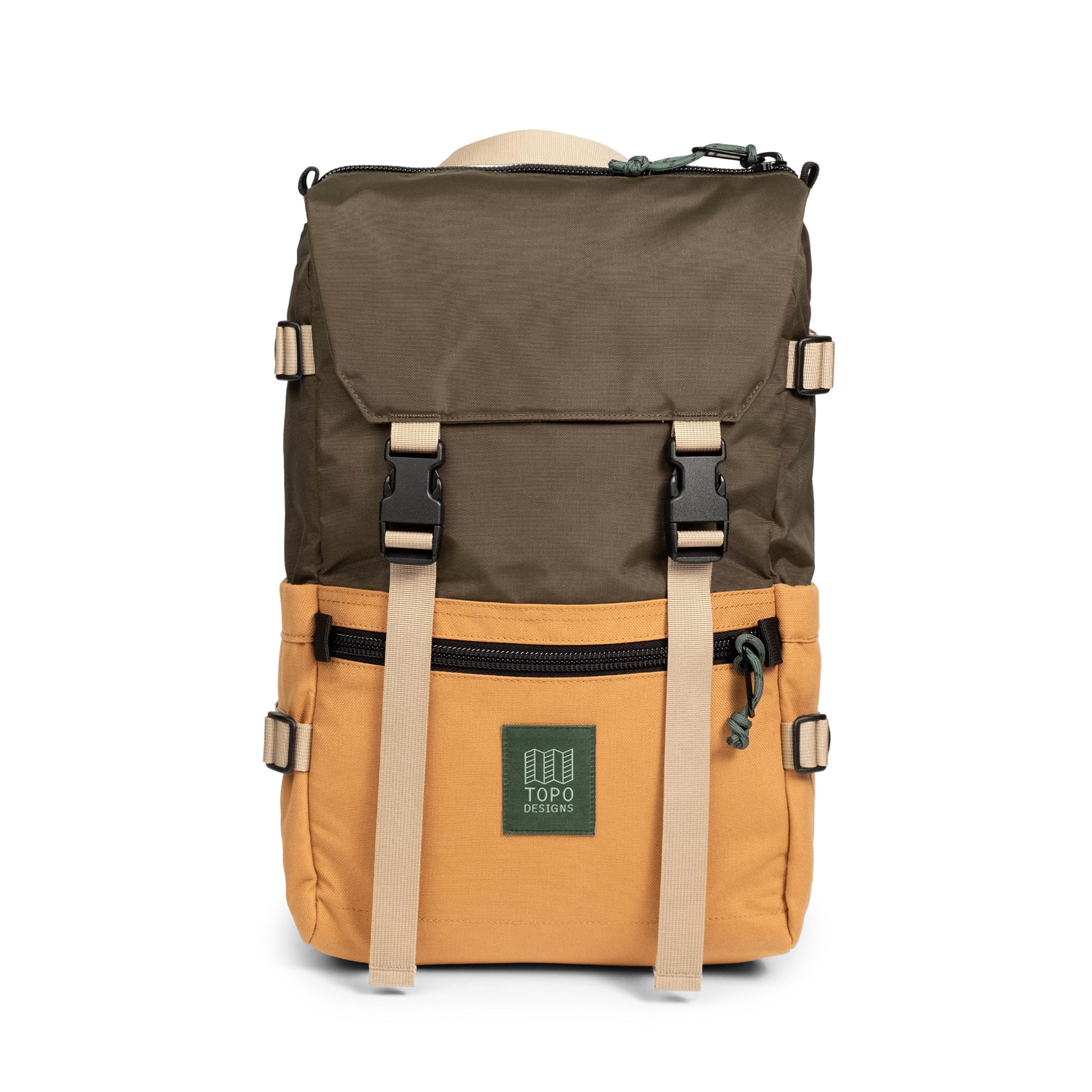 Front View of Topo Designs Rover Pack Classic in "Woodland / Brown Oak"