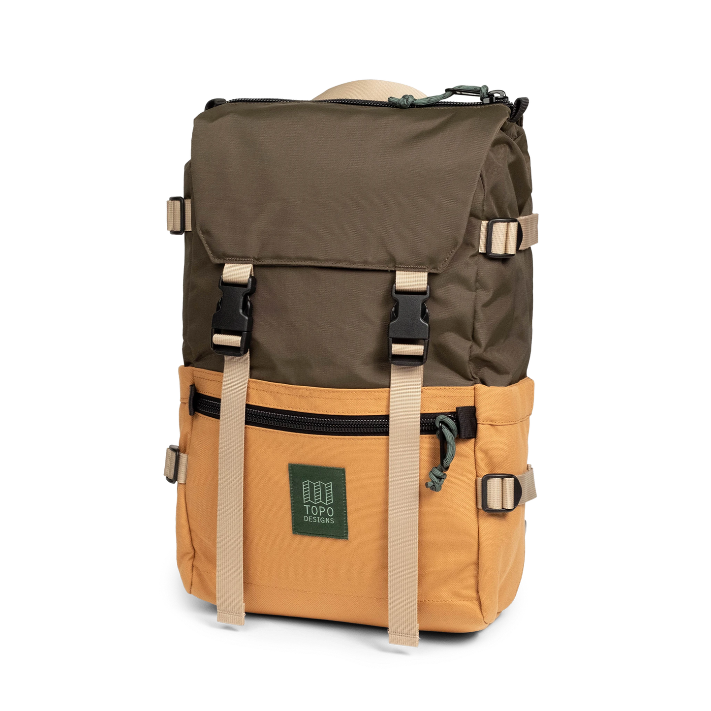 Front View of Topo Designs Rover Pack Classic in "Woodland / Brown Oak"