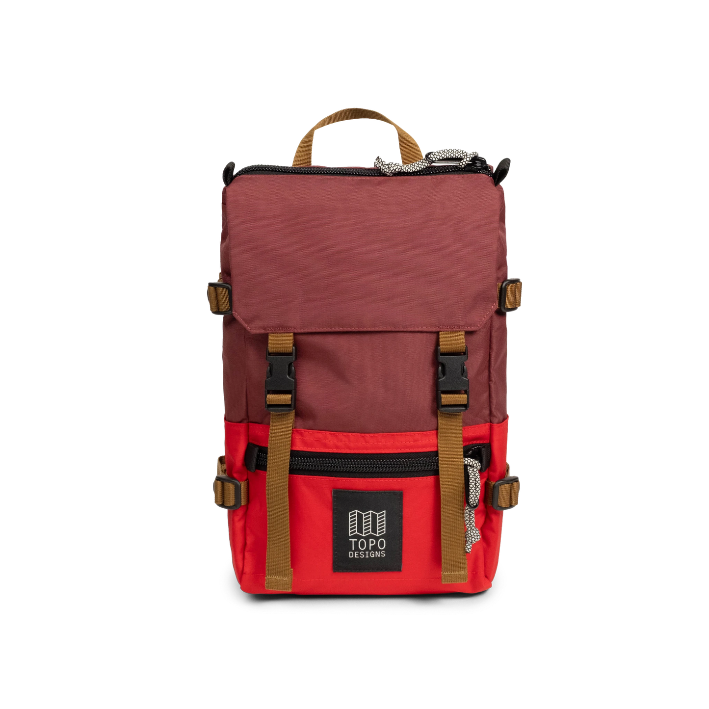 Front View of Topo Designs Rover Pack Mini in "Maroon / Salsa"