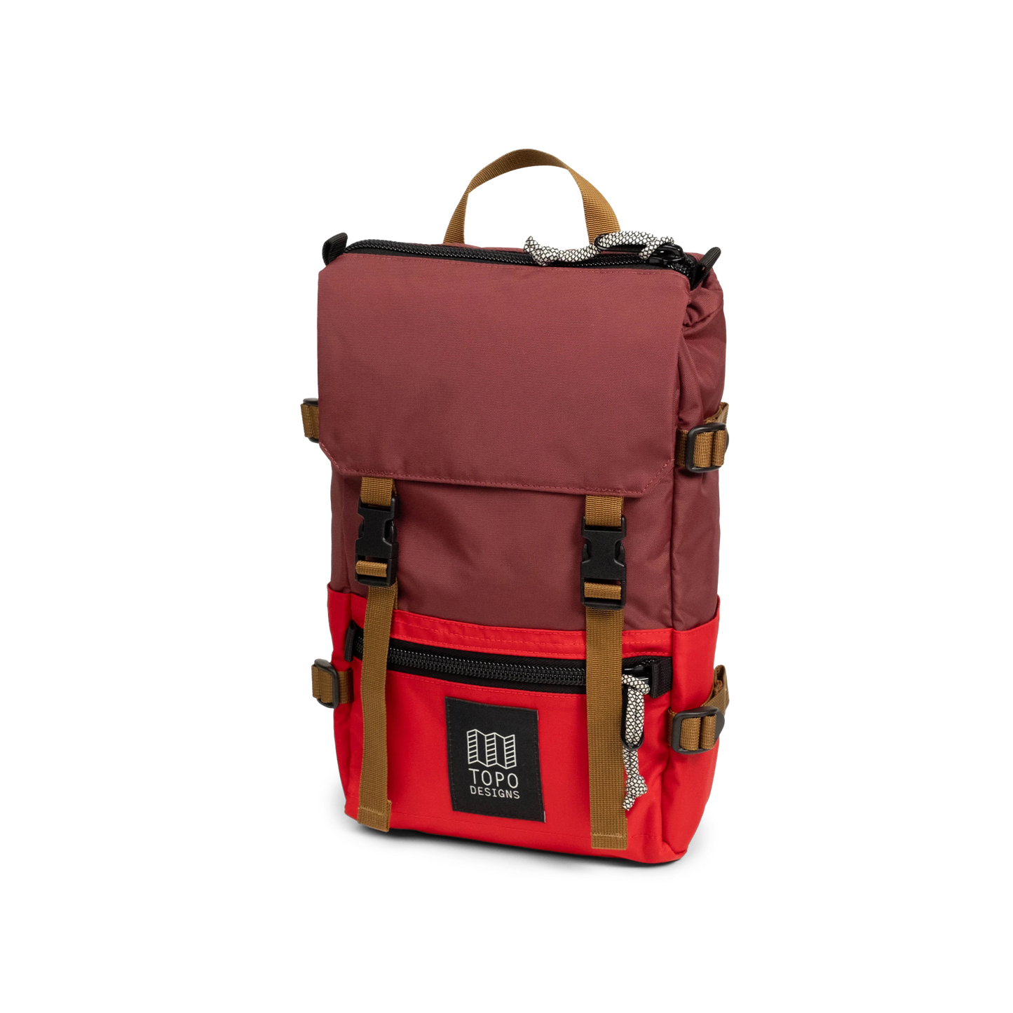 Front View of Topo Designs Rover Pack Mini in "Maroon / Salsa"