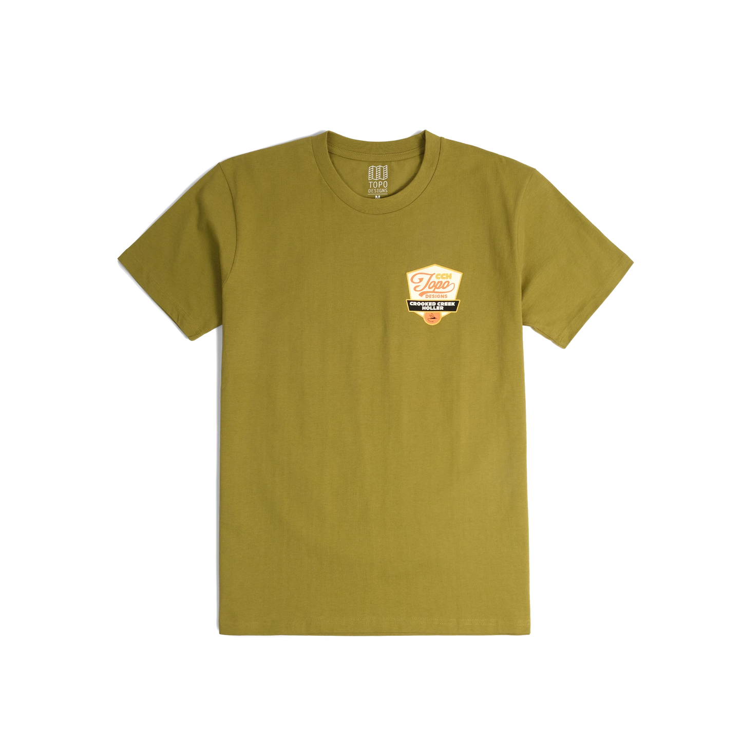 Front shot of Topo Designs x CCH x Pine Printshop Golden Trout Tee in "Moss"