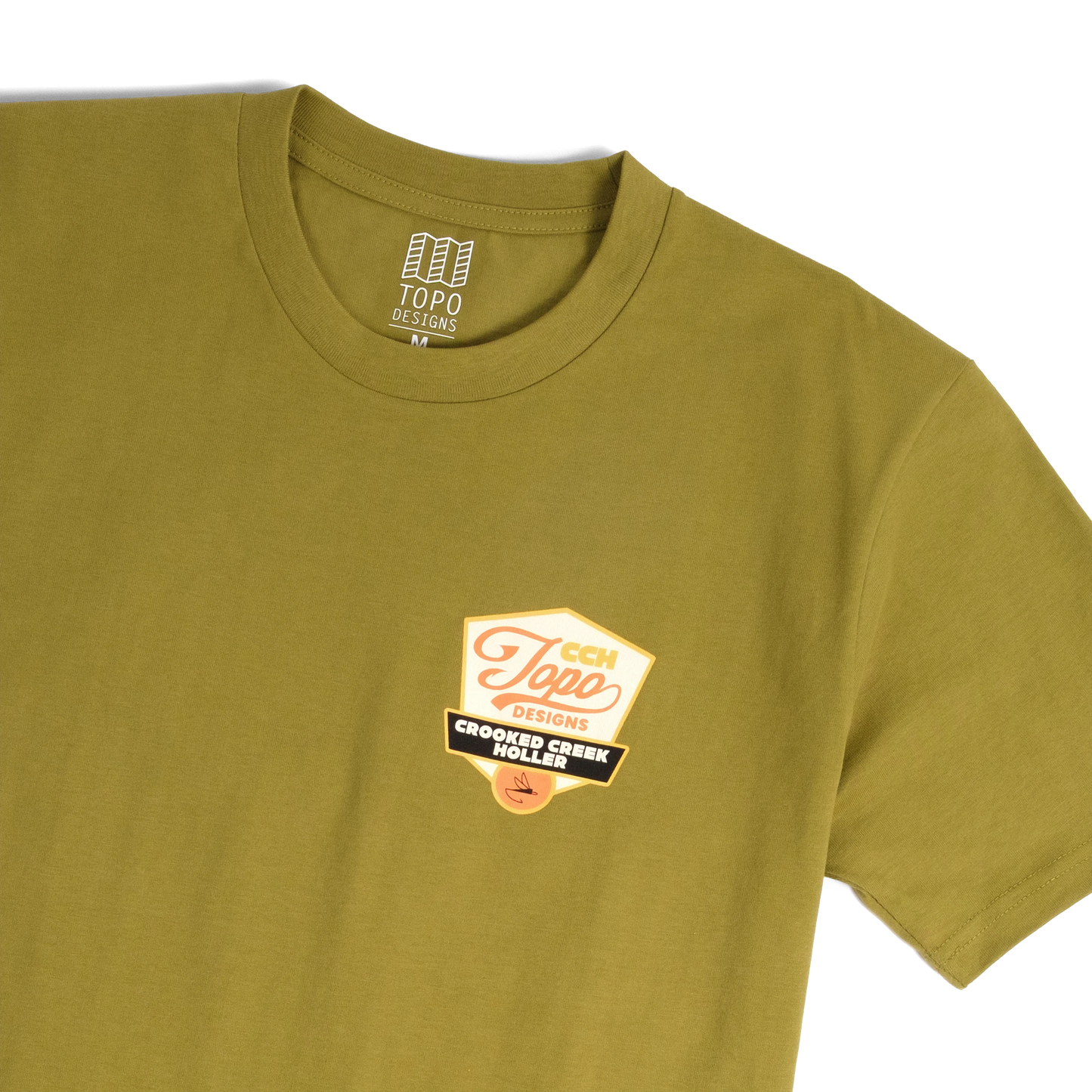 Front detail shot of Topo Designs x CCH x Pine Printshop Golden Trout Tee in "Moss"