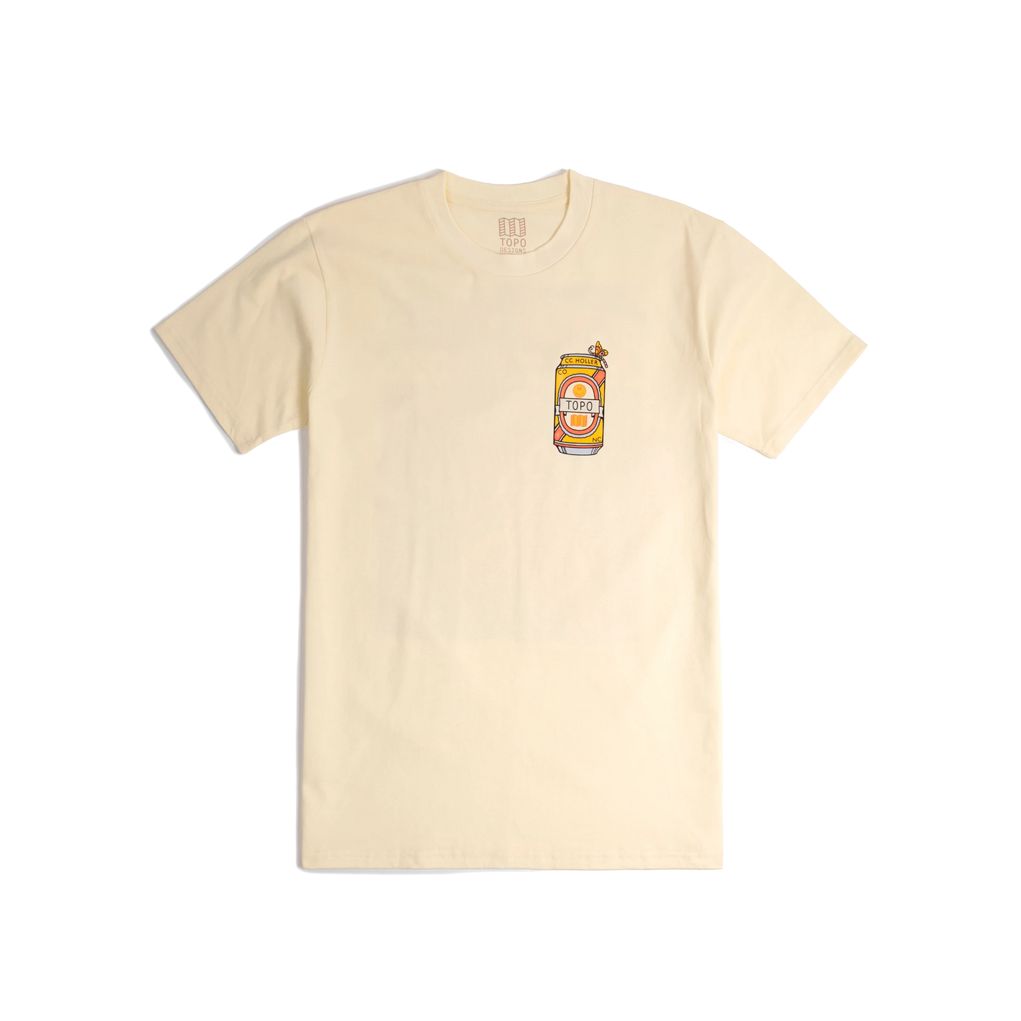 Front shot of Topo Designs x CCH x Pine Printshop Urban Angler Tee in "Butter"