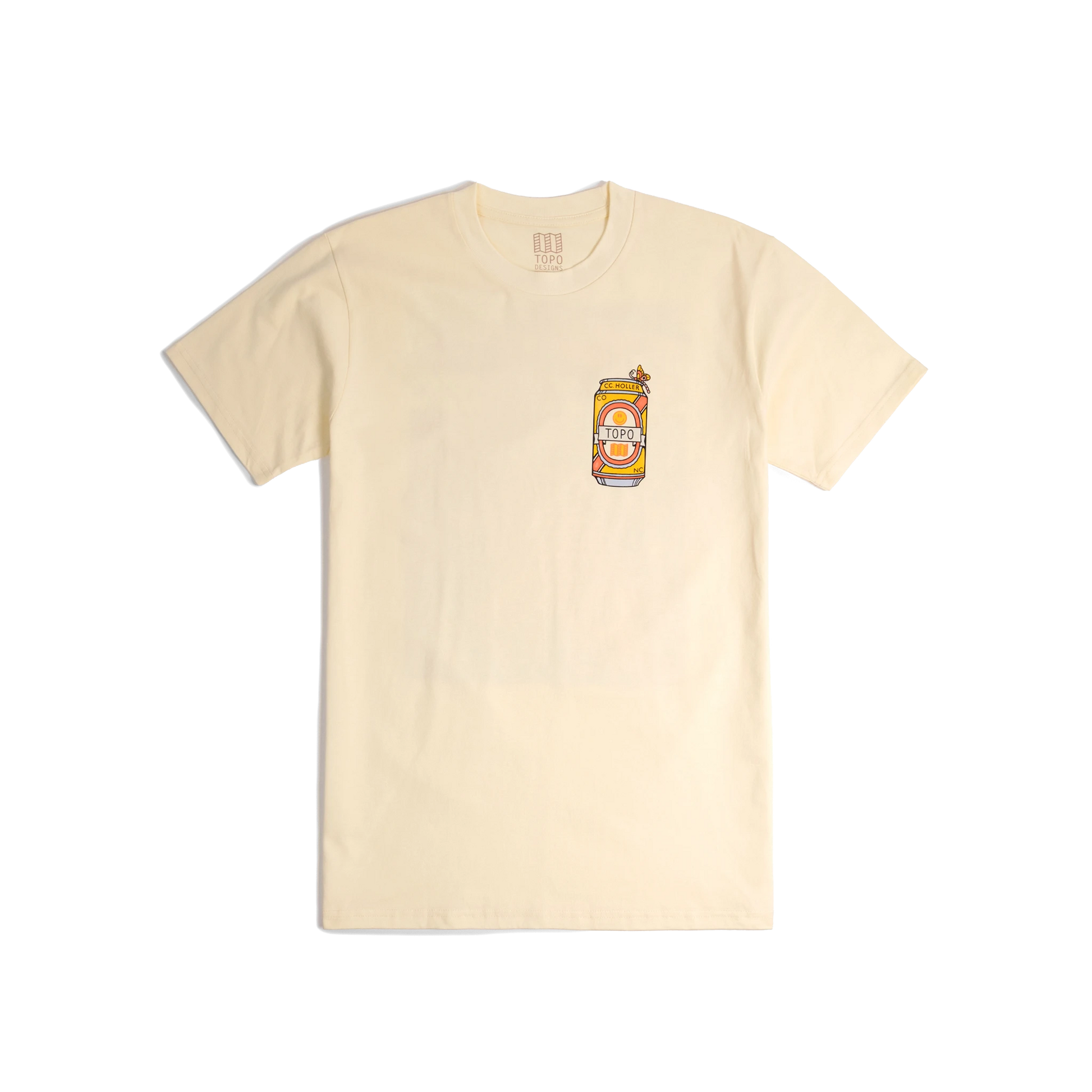 Front shot of Topo Designs x CCH x Pine Printshop Urban Angler Tee in "Butter"