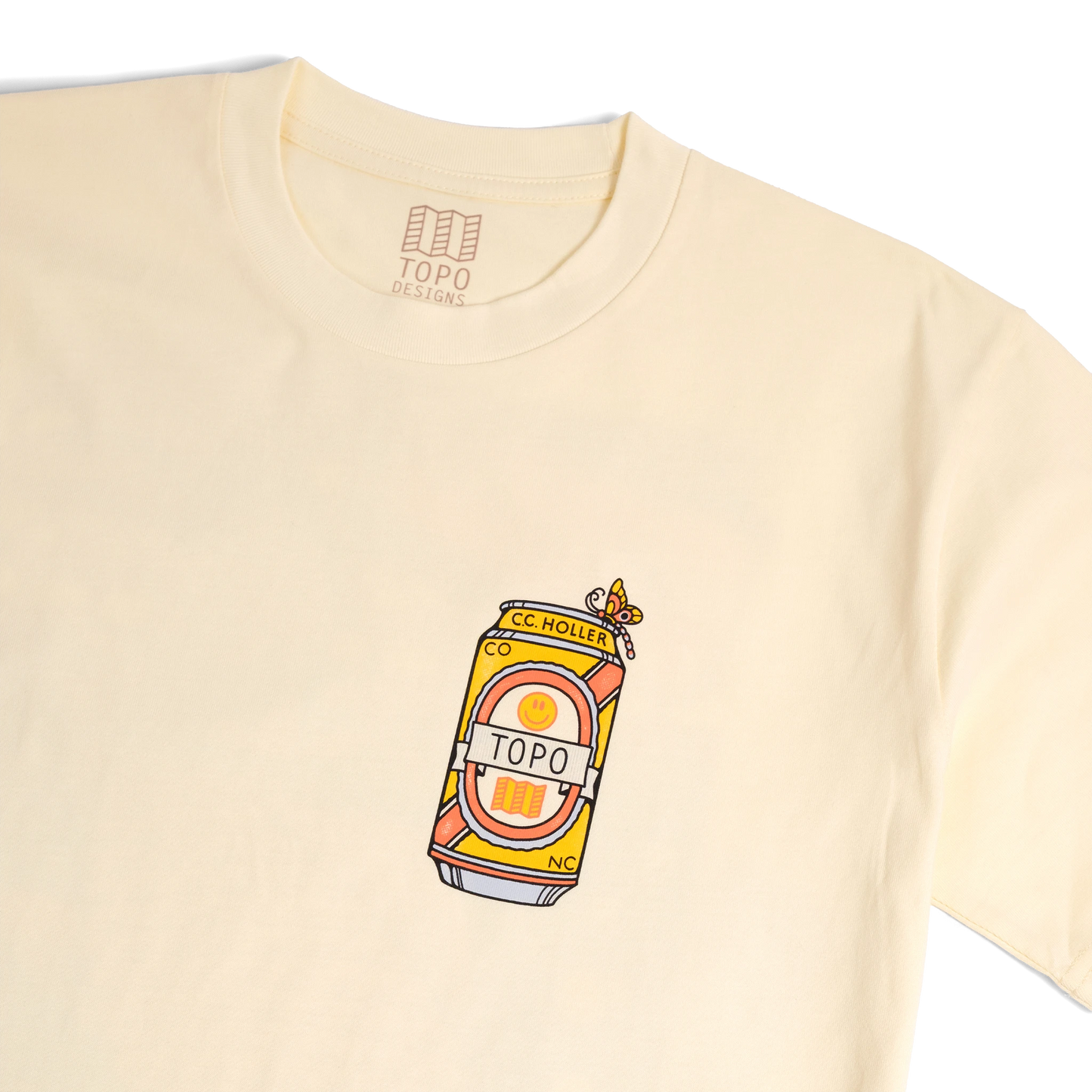 Front detail shot of Topo Designs x CCH x Pine Printshop Urban Angler Tee in "Butter"