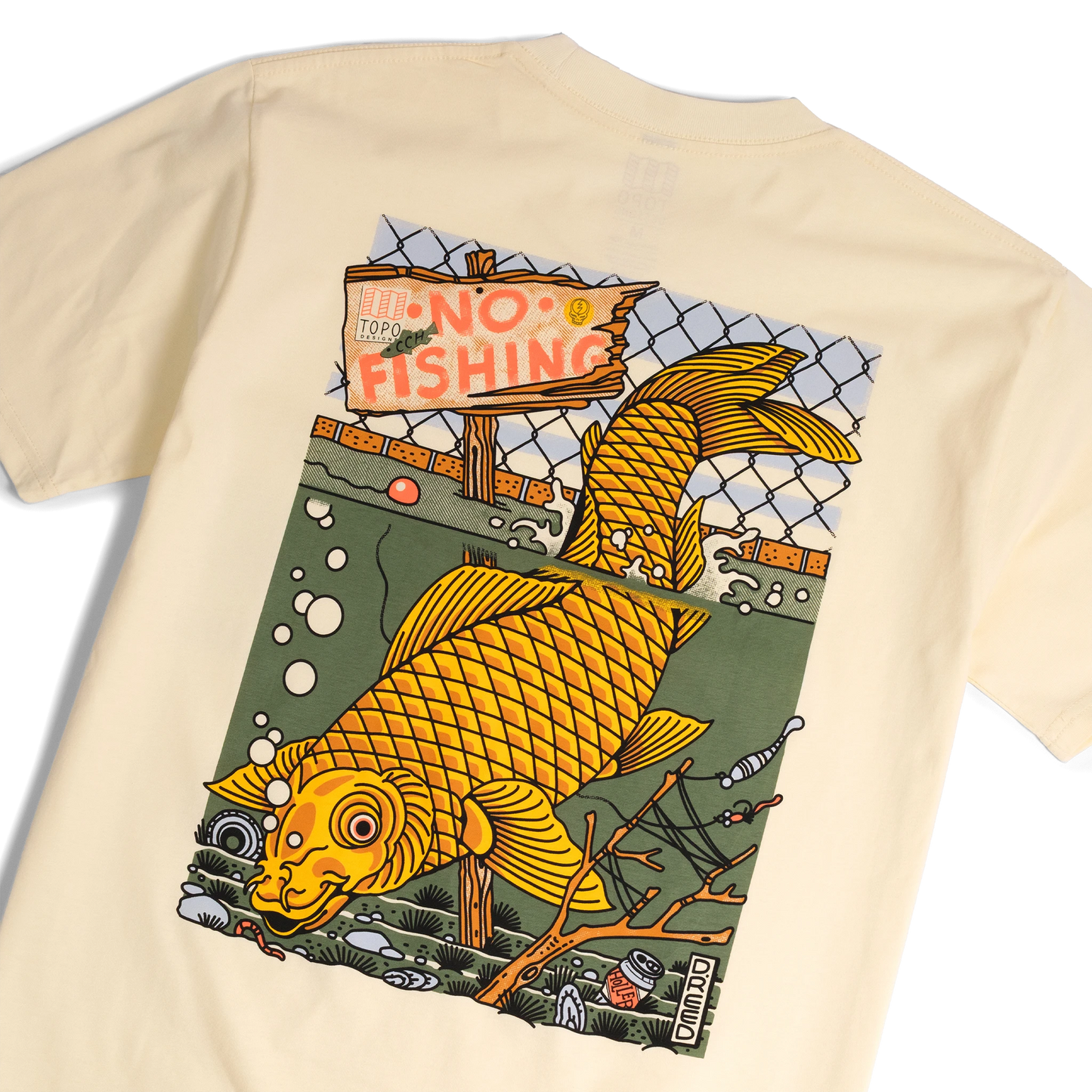 Back detail shot of Topo Designs x CCH x Pine Printshop Urban Angler Tee in "Butter"