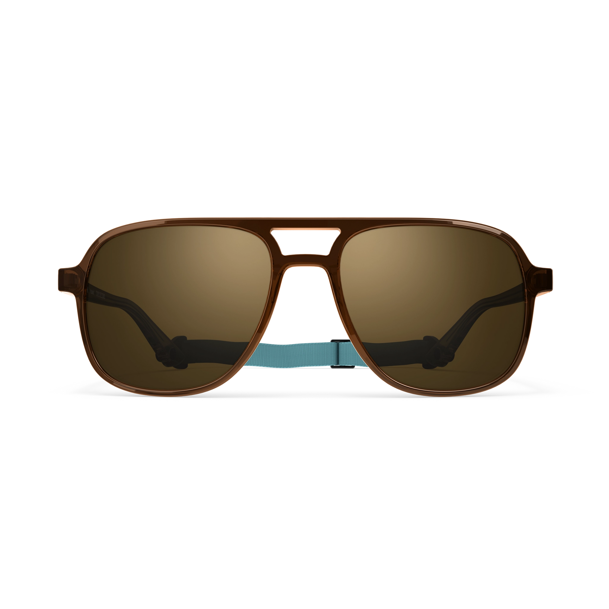 General front view of VALLON X Topo Designs sunglasses in "Brown / Brown" with sunglass arms open and strap attached.