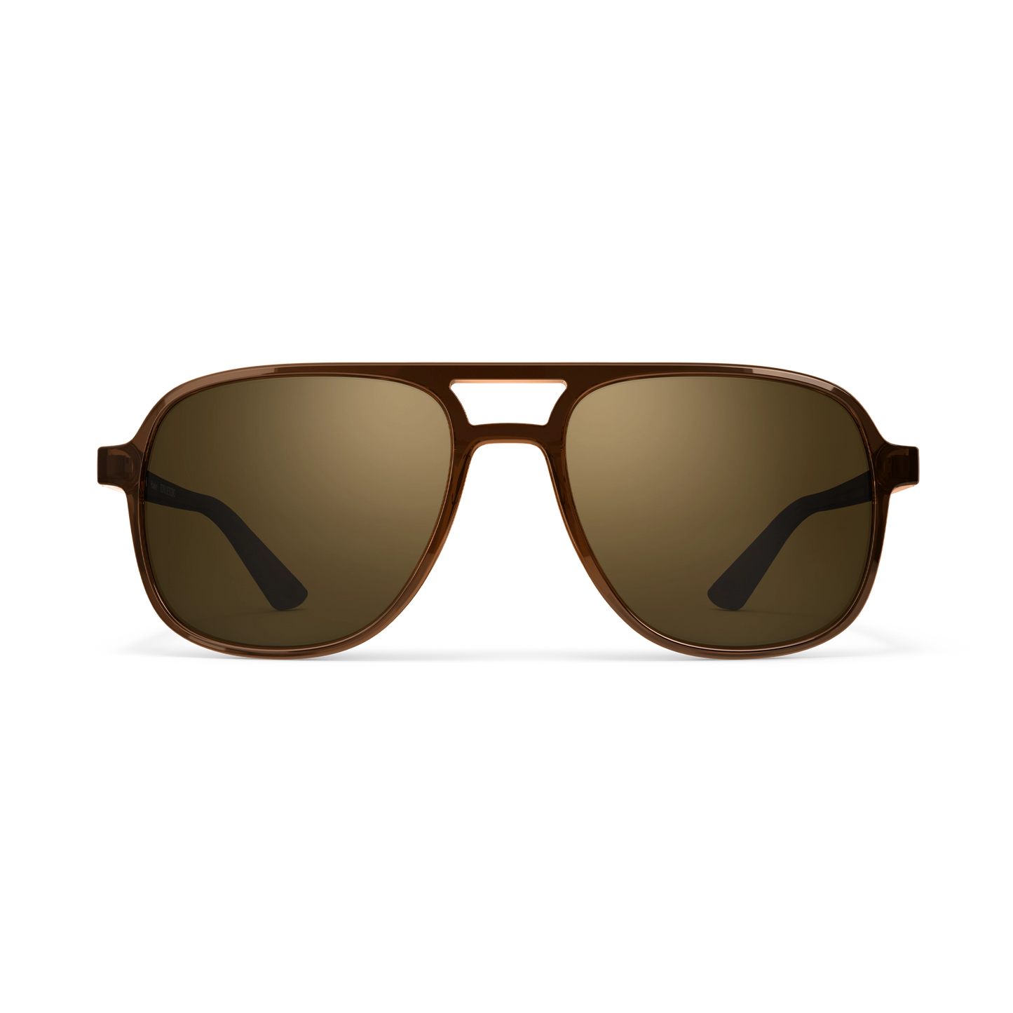General front view of VALLON X Topo Designs sunglasses in "Brown / Brown" with sunglass arms open.