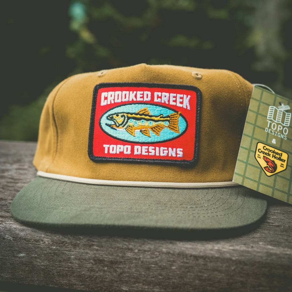 Front quarter shot of Topo Designs x CCH x Pine Printshop Rope Cap in "Stuttgart"