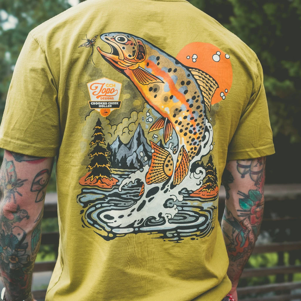 Back detail shot of Topo Designs x CCH x Pine Printshop Golden Trout Tee in "Moss"